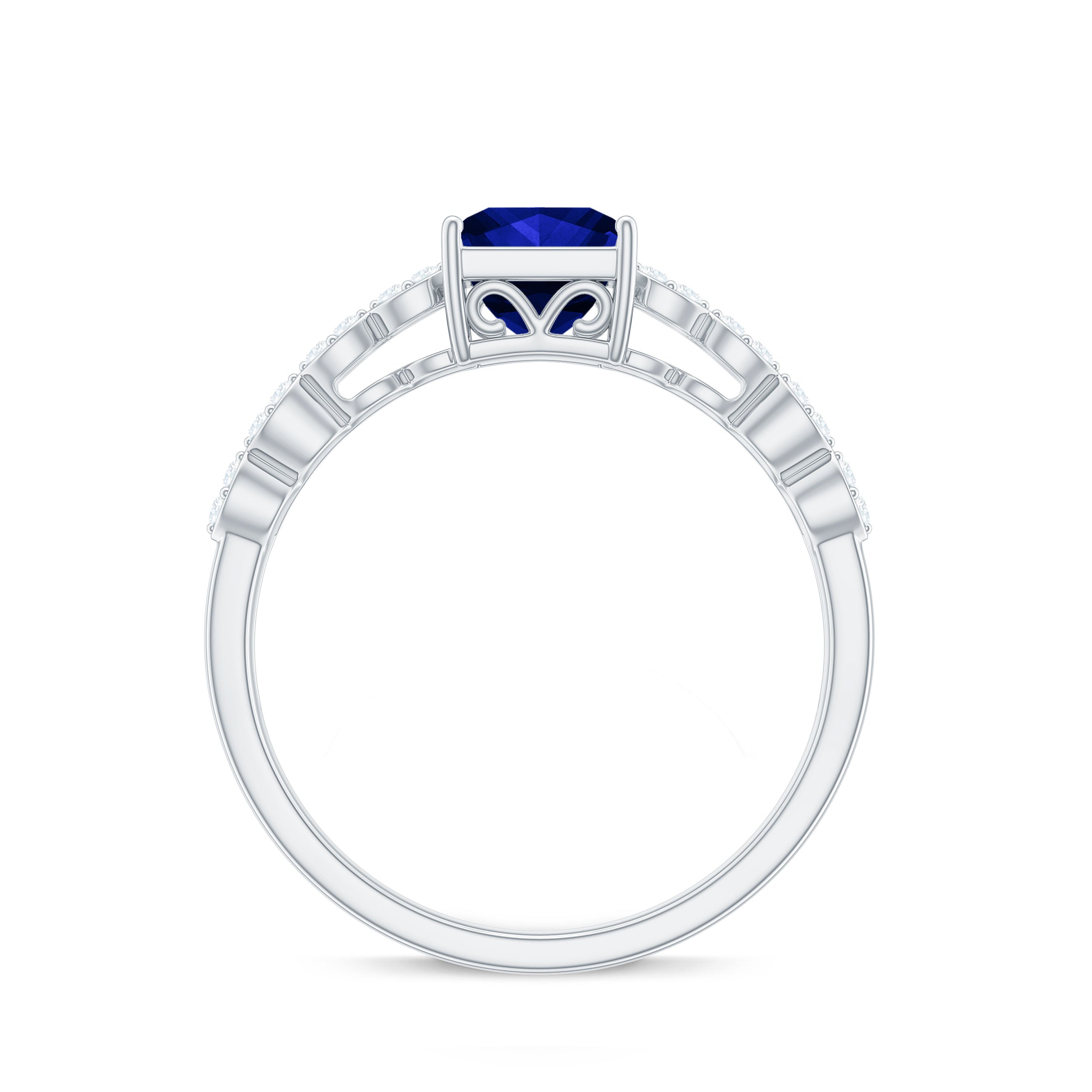 Certified 1.5 Carat Princess Cut Lab Grown Blue Sapphire Double Band Engagement Ring with Diamond AAAA - Rosec Jewels