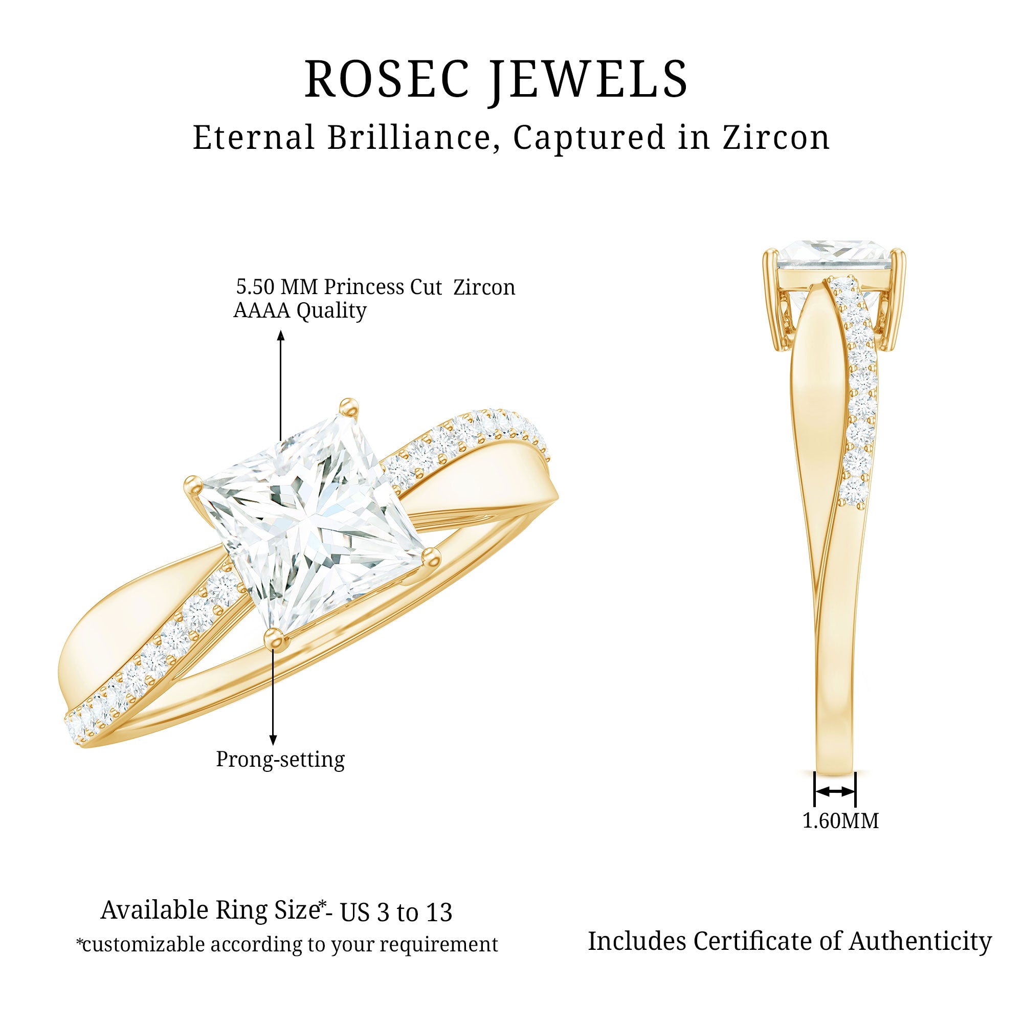 1 Carat Princess Cut Cubic Zirconia Solitaire Engagement Ring AAAA - Rosec Jewels