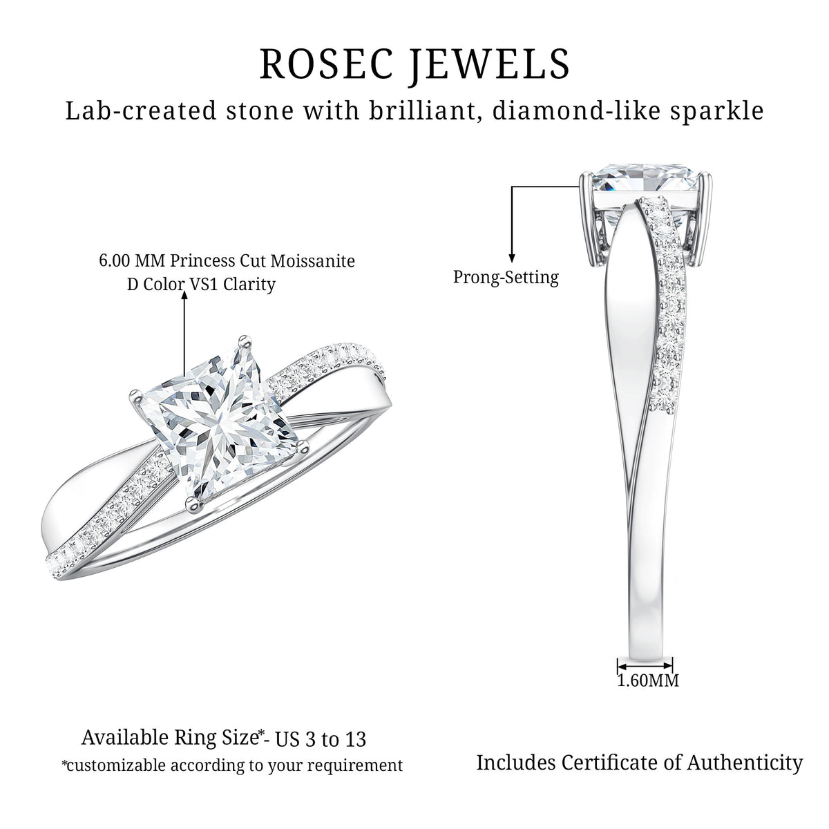 Solitaire Moissanite Princess Cut Engagement Ring D-VS1 - Rosec Jewels