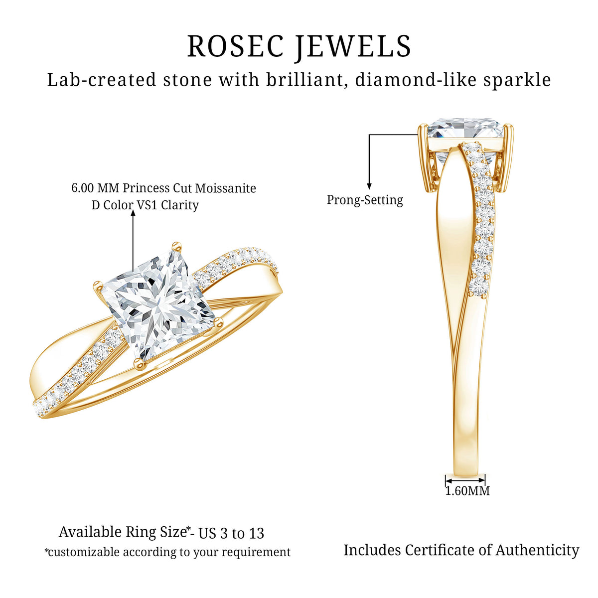 Solitaire Moissanite Princess Cut Engagement Ring D-VS1 - Rosec Jewels