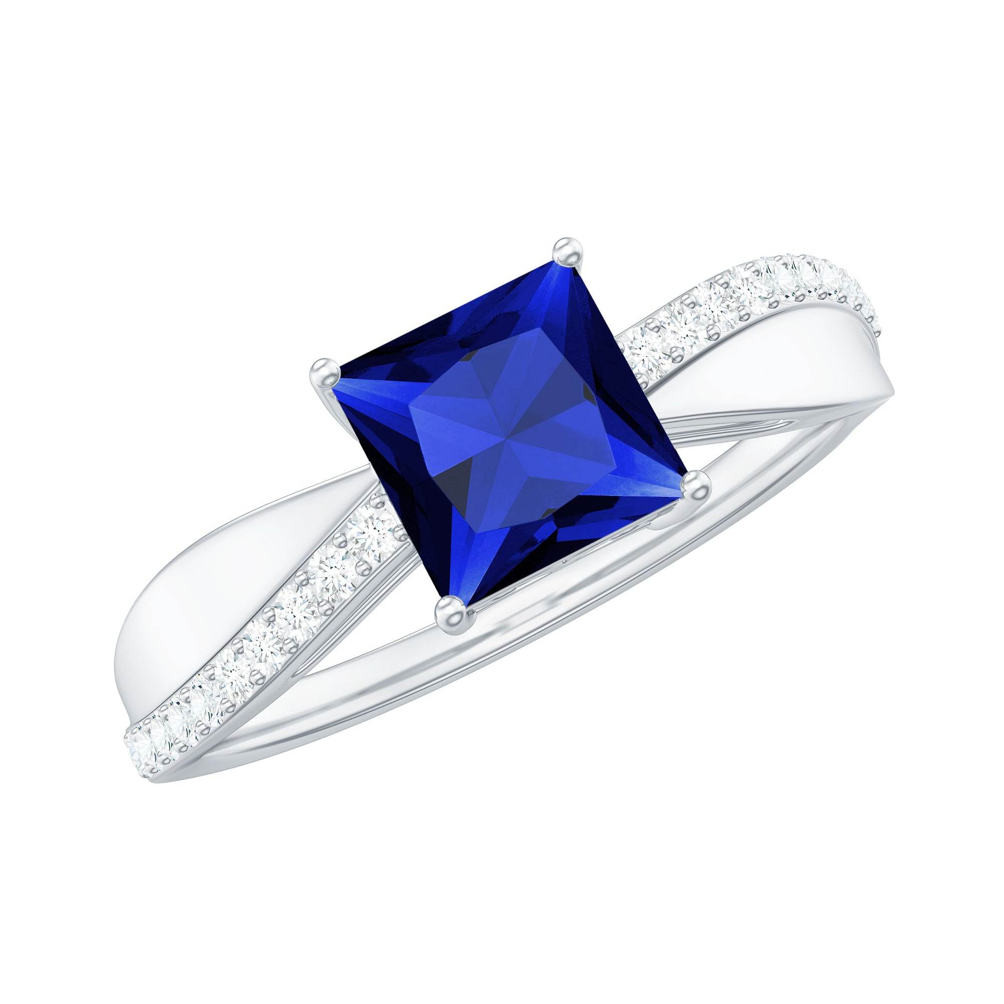 Certified 1.5 Carat Lab Grown Blue Sapphire Princess Cut Engagement Ring with Diamond