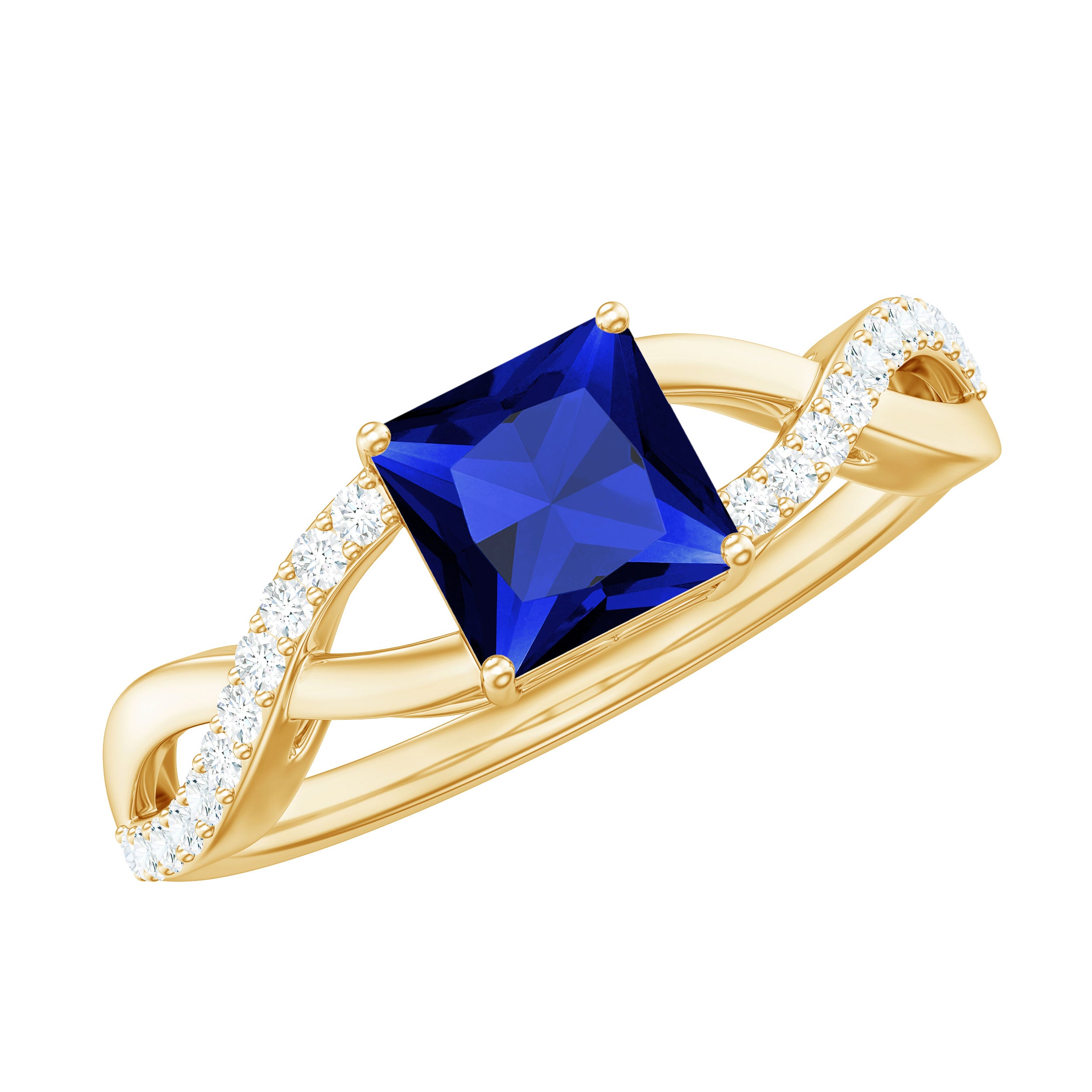 1.5 Carat Lab Grown Blue Sapphire Princess Cut Engagement Ring with Diamond Crossover Shank AAAA - Rosec Jewels