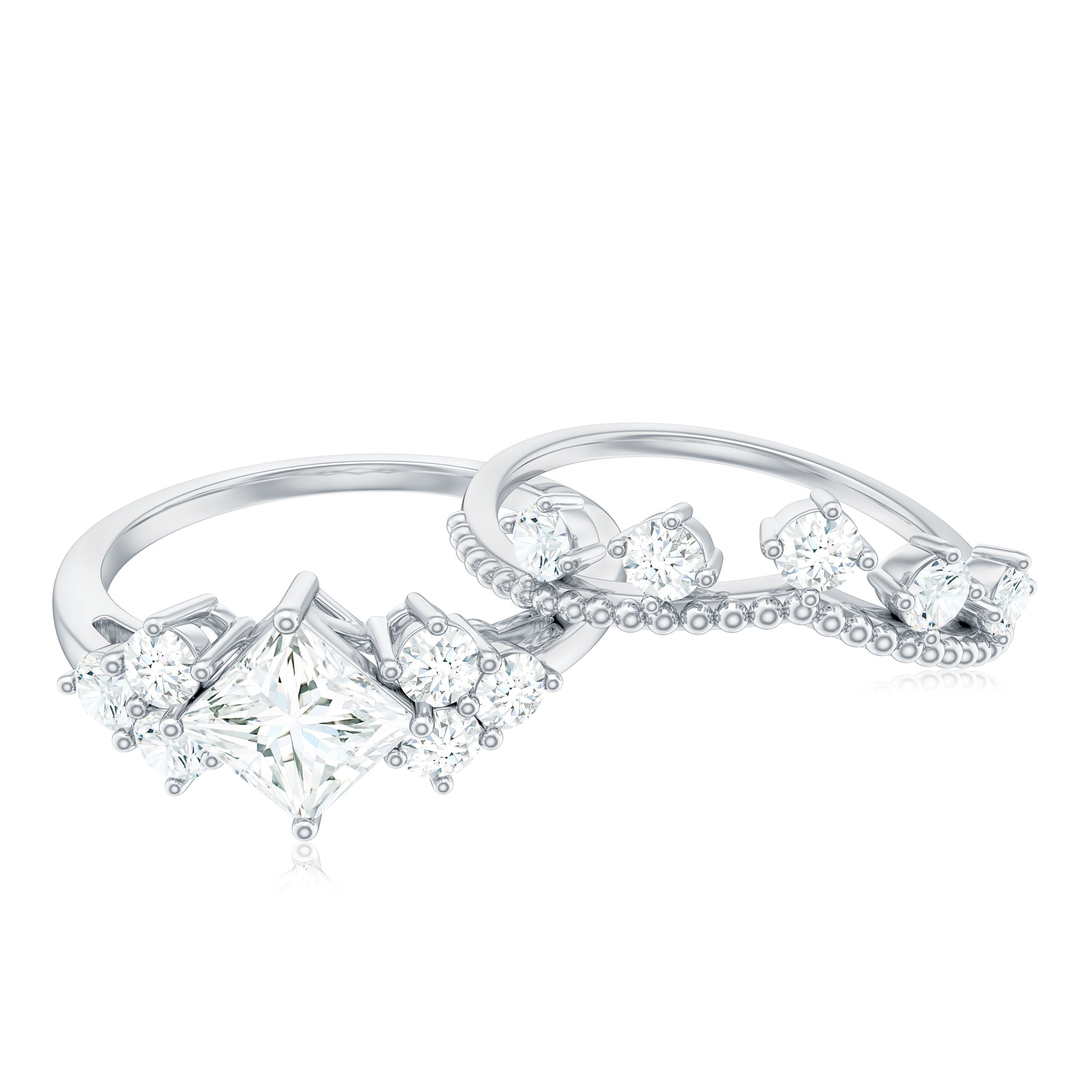 Princess and Round Cut Moissanite Wedding Ring Set D-VS1 - Rosec Jewels