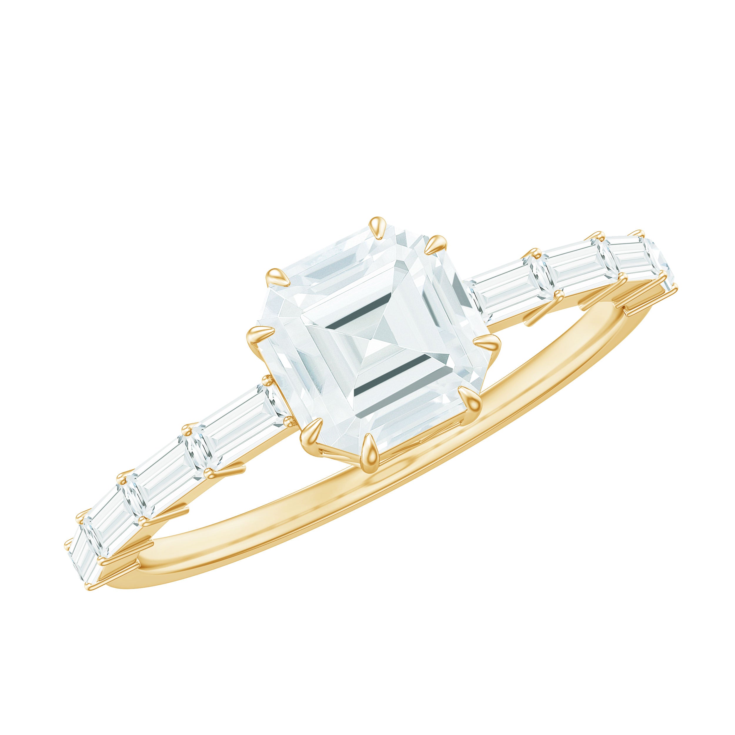 Asscher Cut Moissanite Engagement Ring with Baguette Side Stones D-VS1 - Rosec Jewels