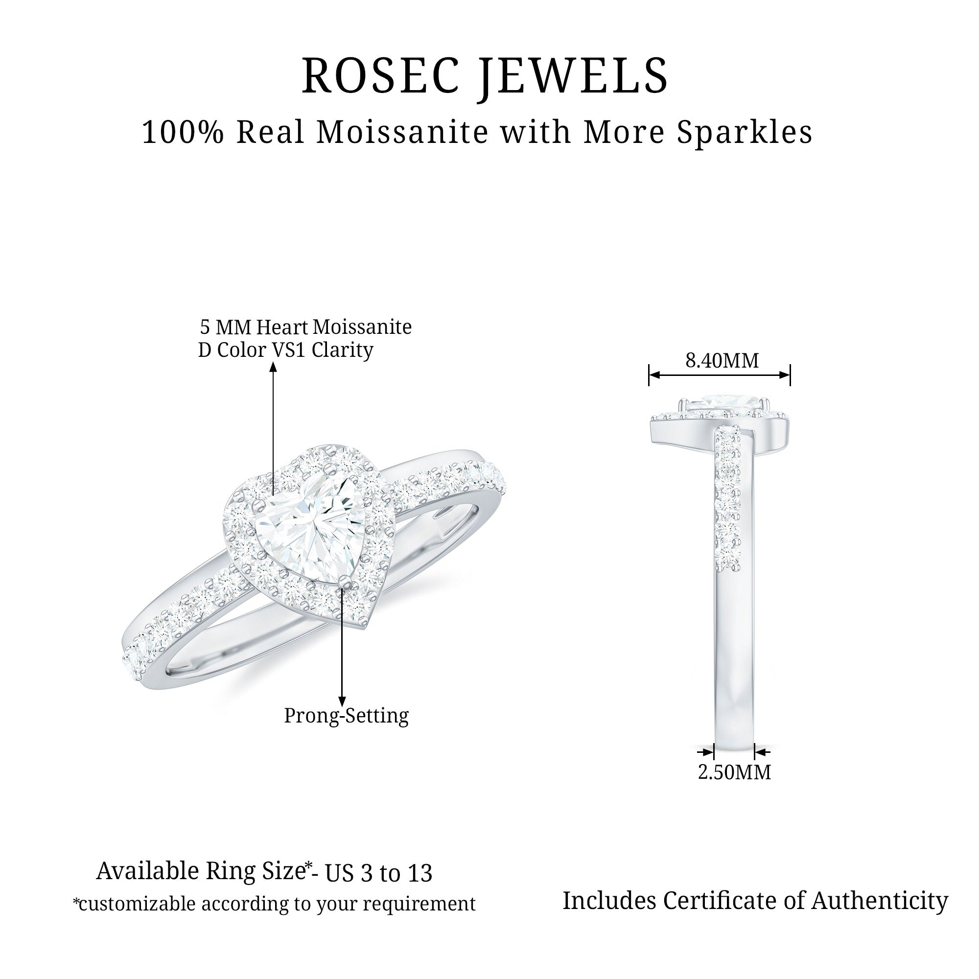 Rosec Jewels-Heart Shape Moissanite Engagement Ring with Halo