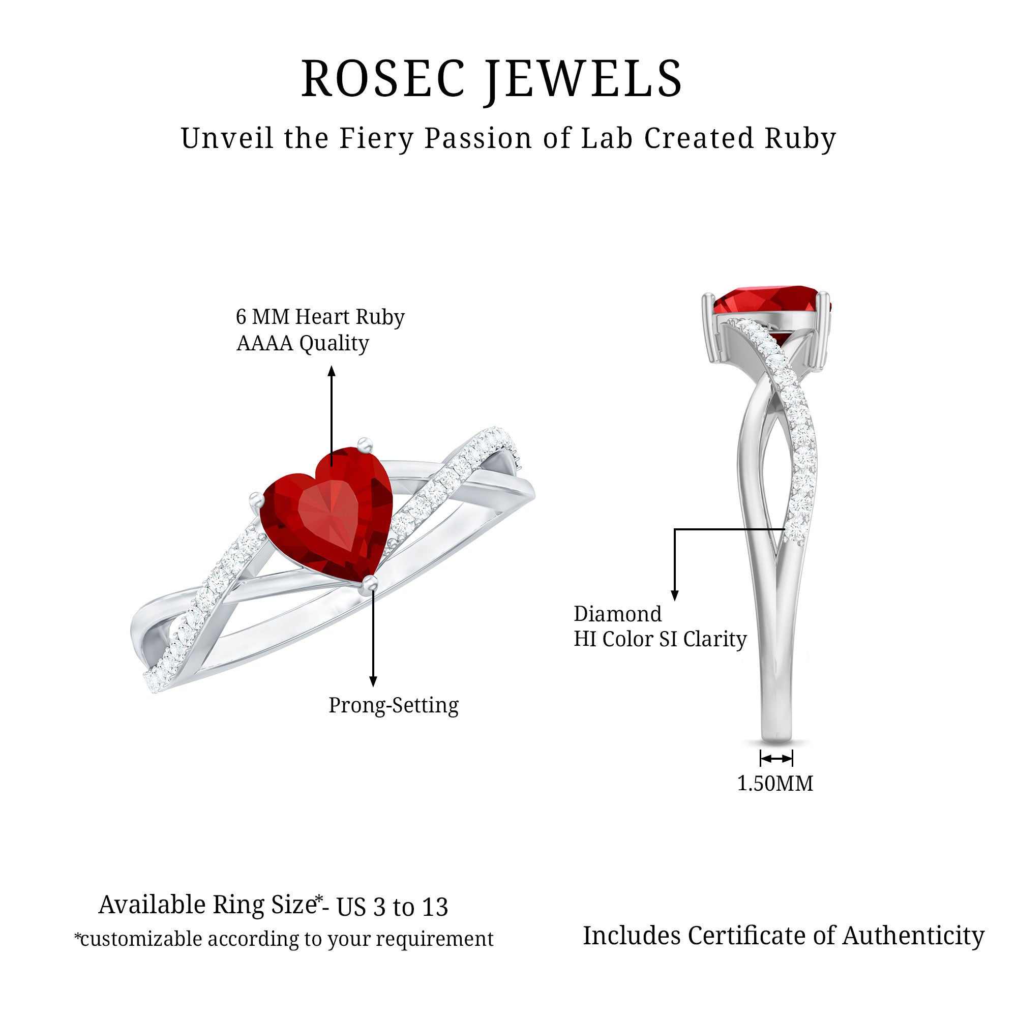 Rosec Jewels-Lab Created Ruby and Diamond Heart Engagement Ring in Crossover Band
