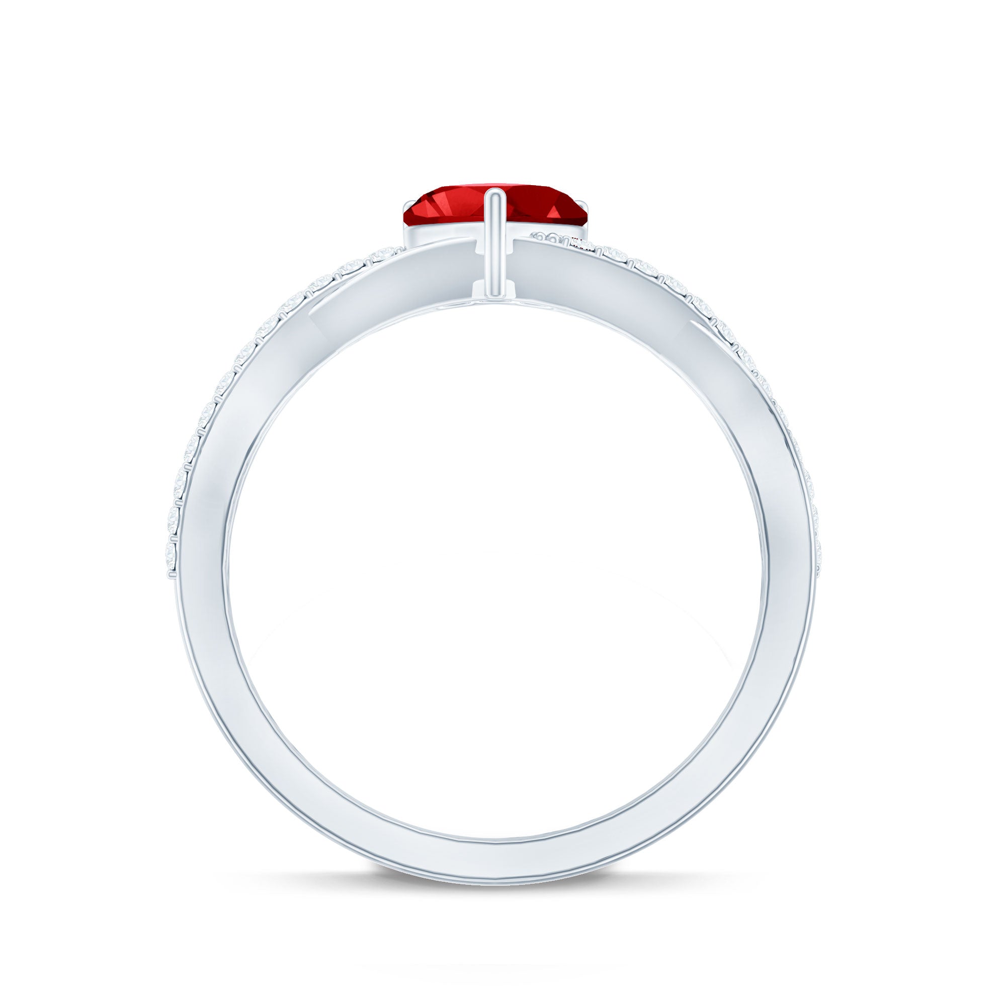 Rosec Jewels-Lab Created Ruby and Diamond Heart Engagement Ring in Crossover Band
