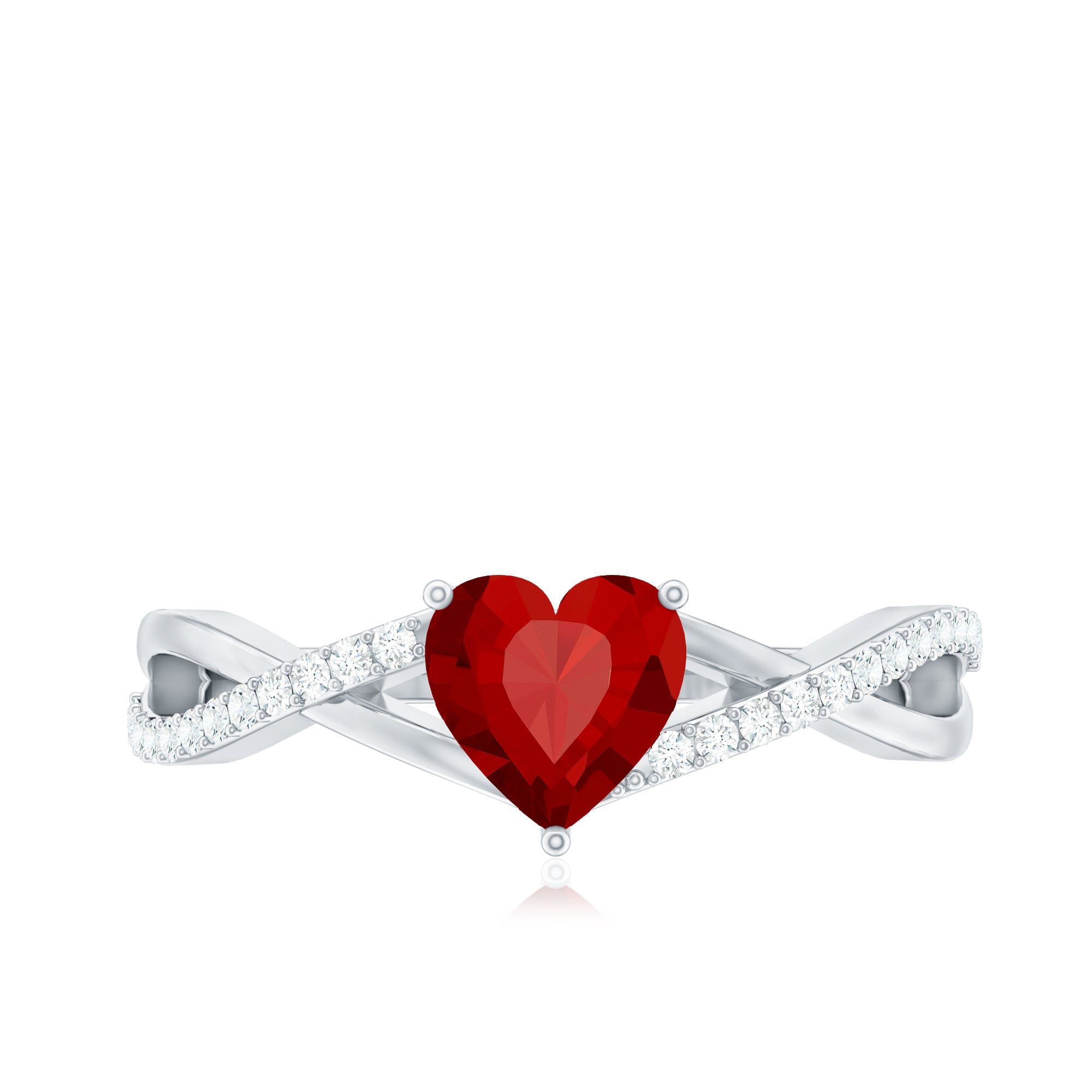 Rosec Jewels-Lab Created Ruby and Diamond Heart Engagement Ring in Crossover Band