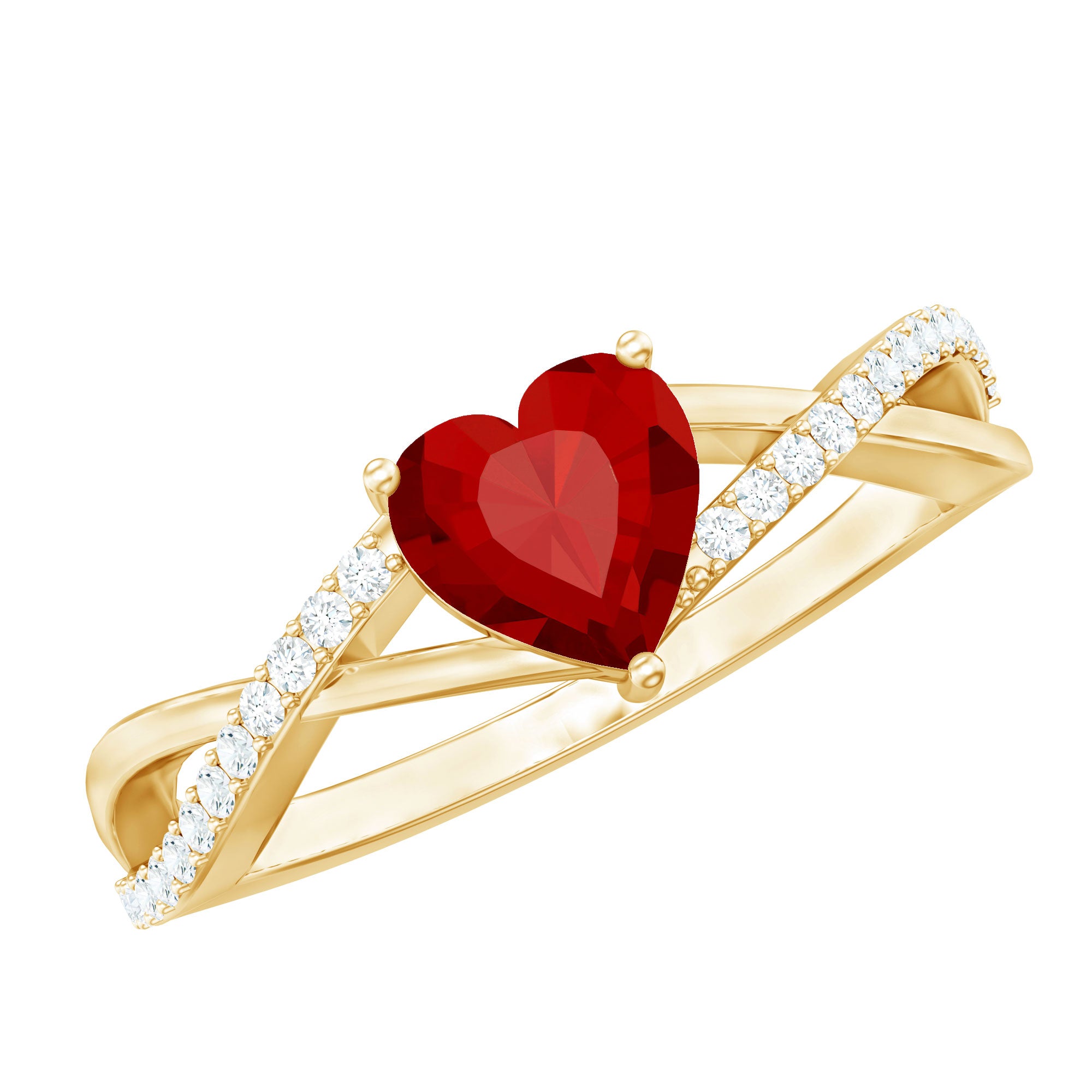 Lab Created Ruby and Diamond Heart Engagement Ring in Crossover Band AAAA - Rosec Jewels