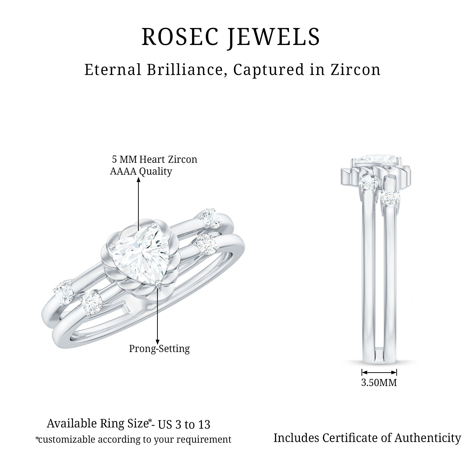 Zircon Solitaire Double Band Ring AAAA - Rosec Jewels