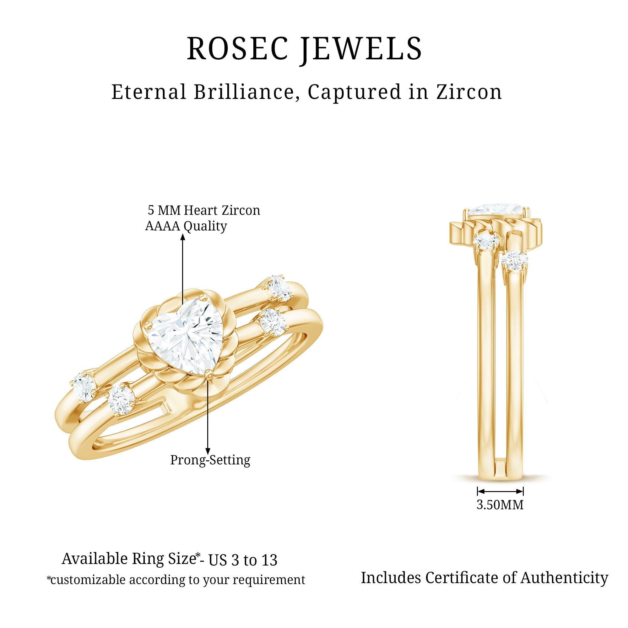 Zircon Solitaire Double Band Ring AAAA - Rosec Jewels