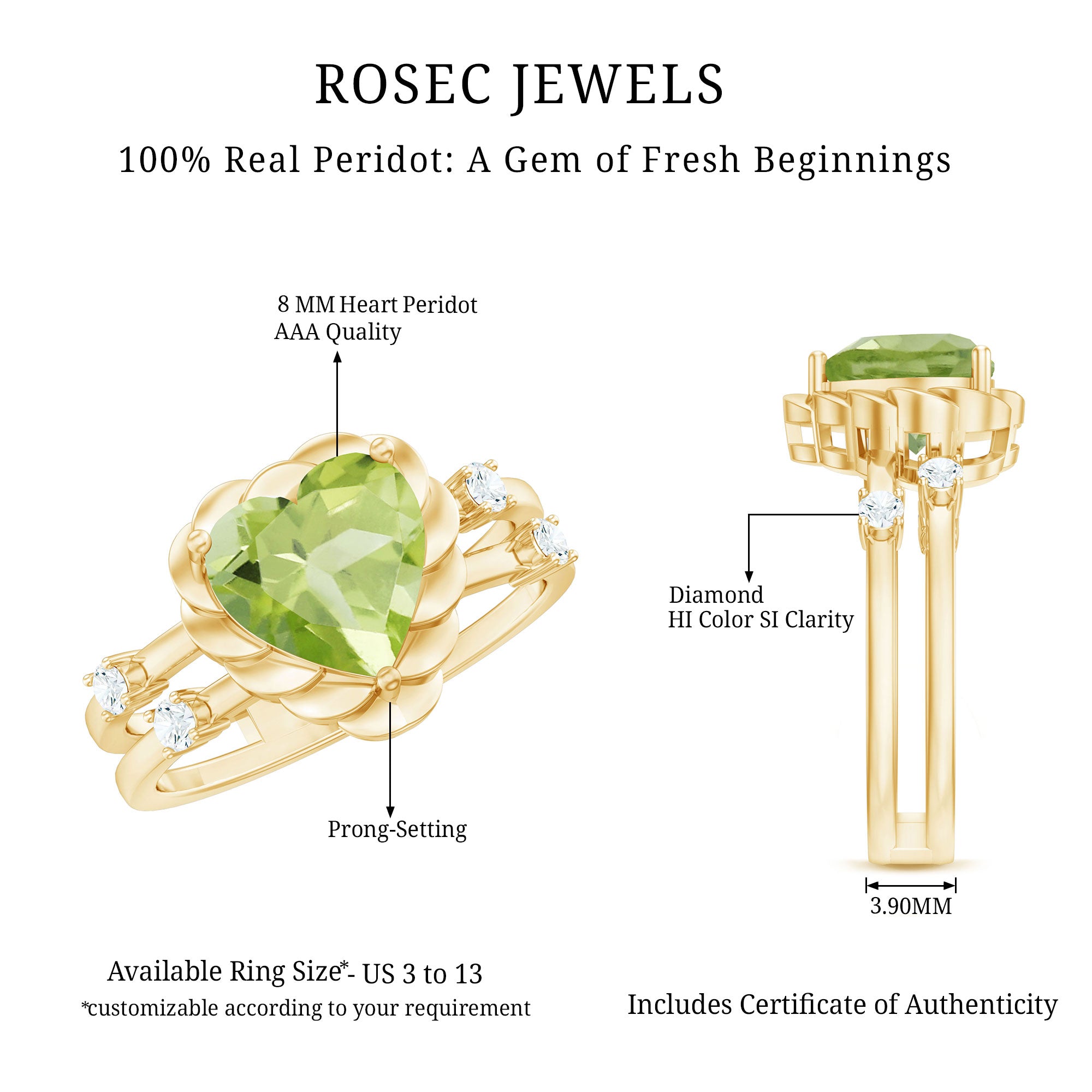 Heart Shape Peridot Solitaire Band Ring with Diamond Stones AAA - Rosec Jewels