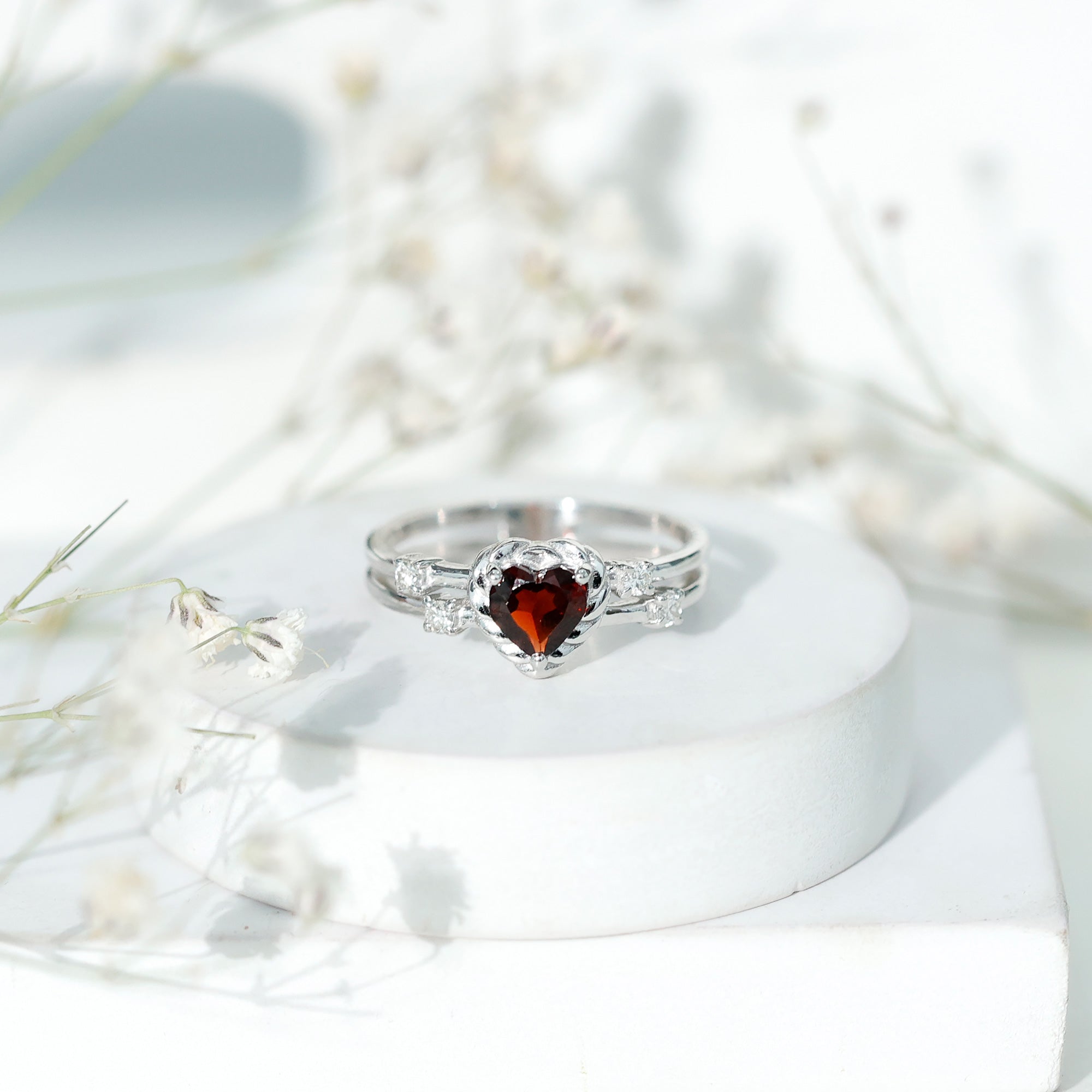 Natural Heart Shaped Garnet Diamond Double Band Engagement Ring AAA - Rosec Jewels