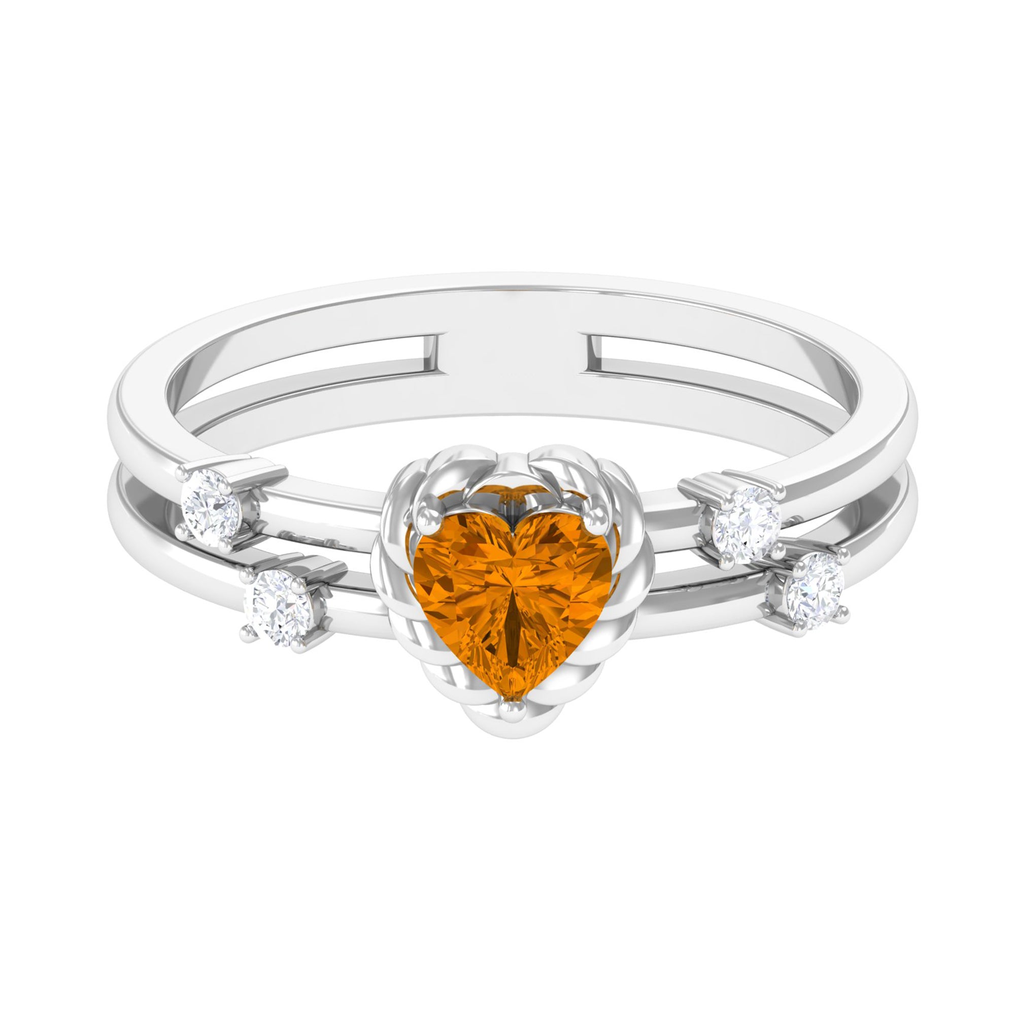 Heart Shape Citrine Solitaire Double Band Ring with Diamond AAA - Rosec Jewels