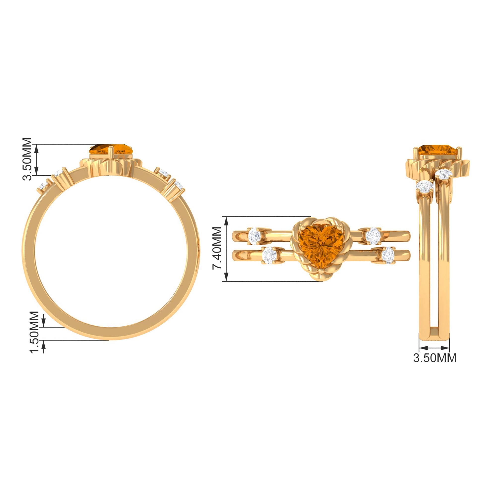 Heart Shape Citrine Solitaire Double Band Ring with Diamond AAA - Rosec Jewels
