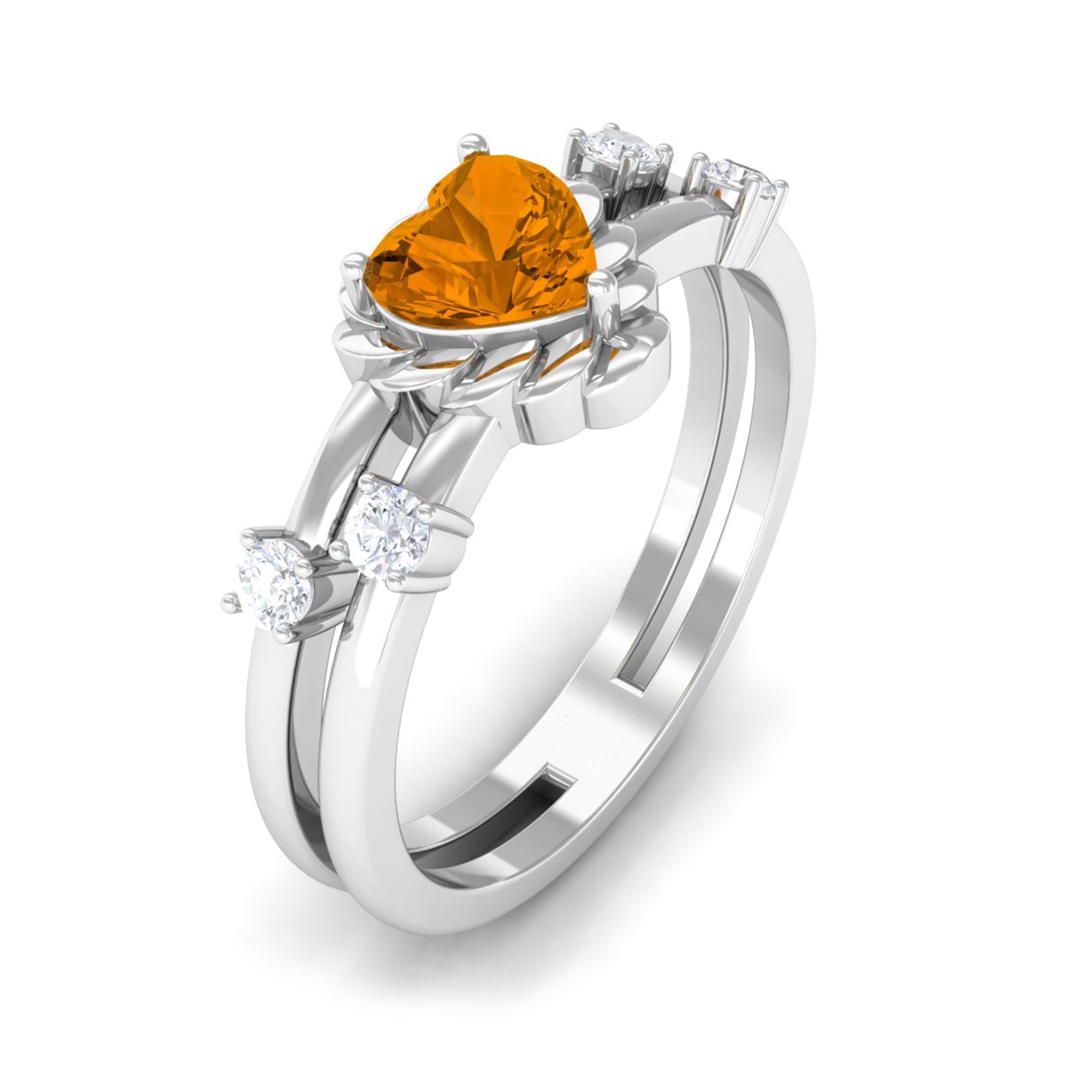 Heart Shape Citrine Solitaire Double Band Ring with Diamond AAA - Rosec Jewels