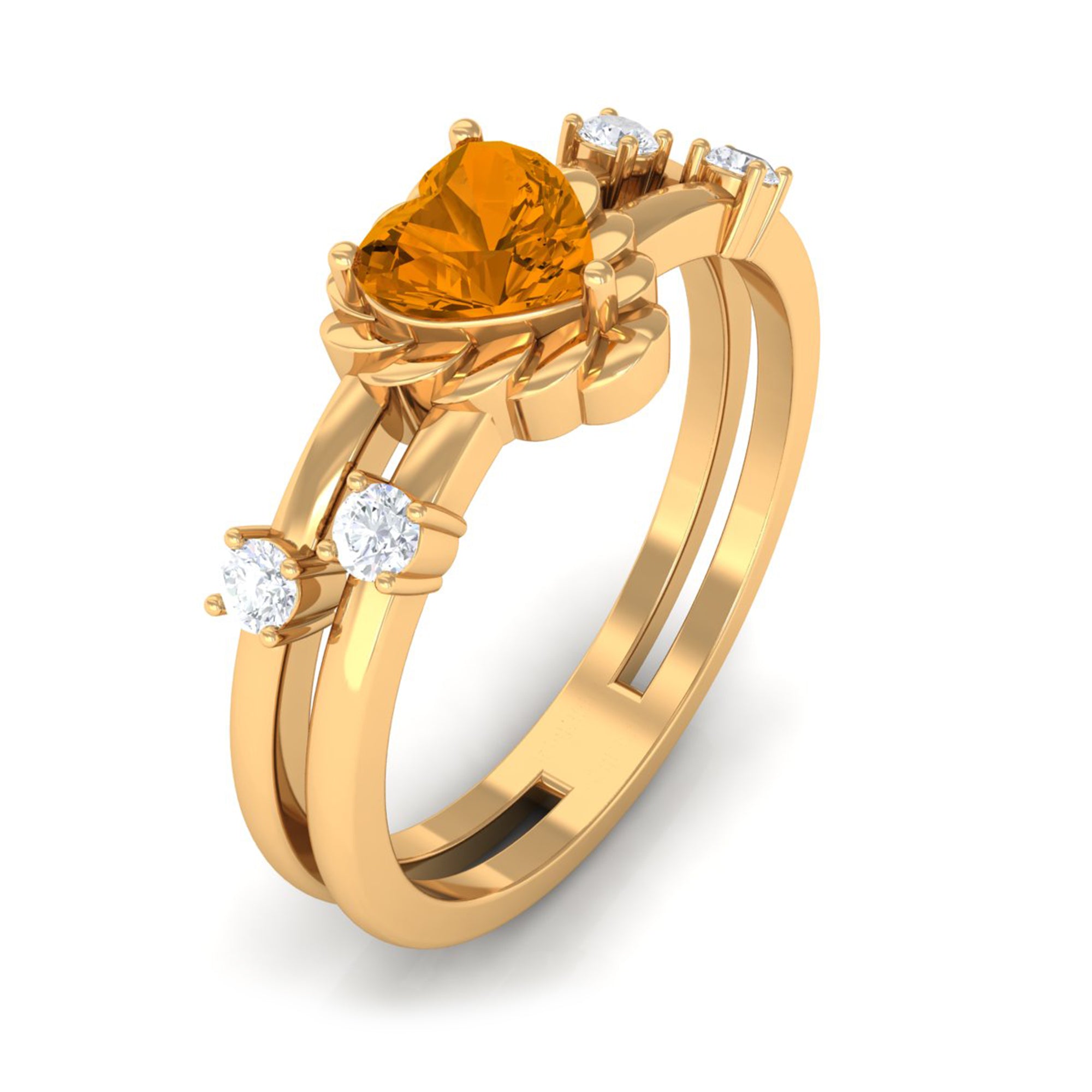Heart Shape Citrine Solitaire Double Band Ring with Diamond AAA - Rosec Jewels