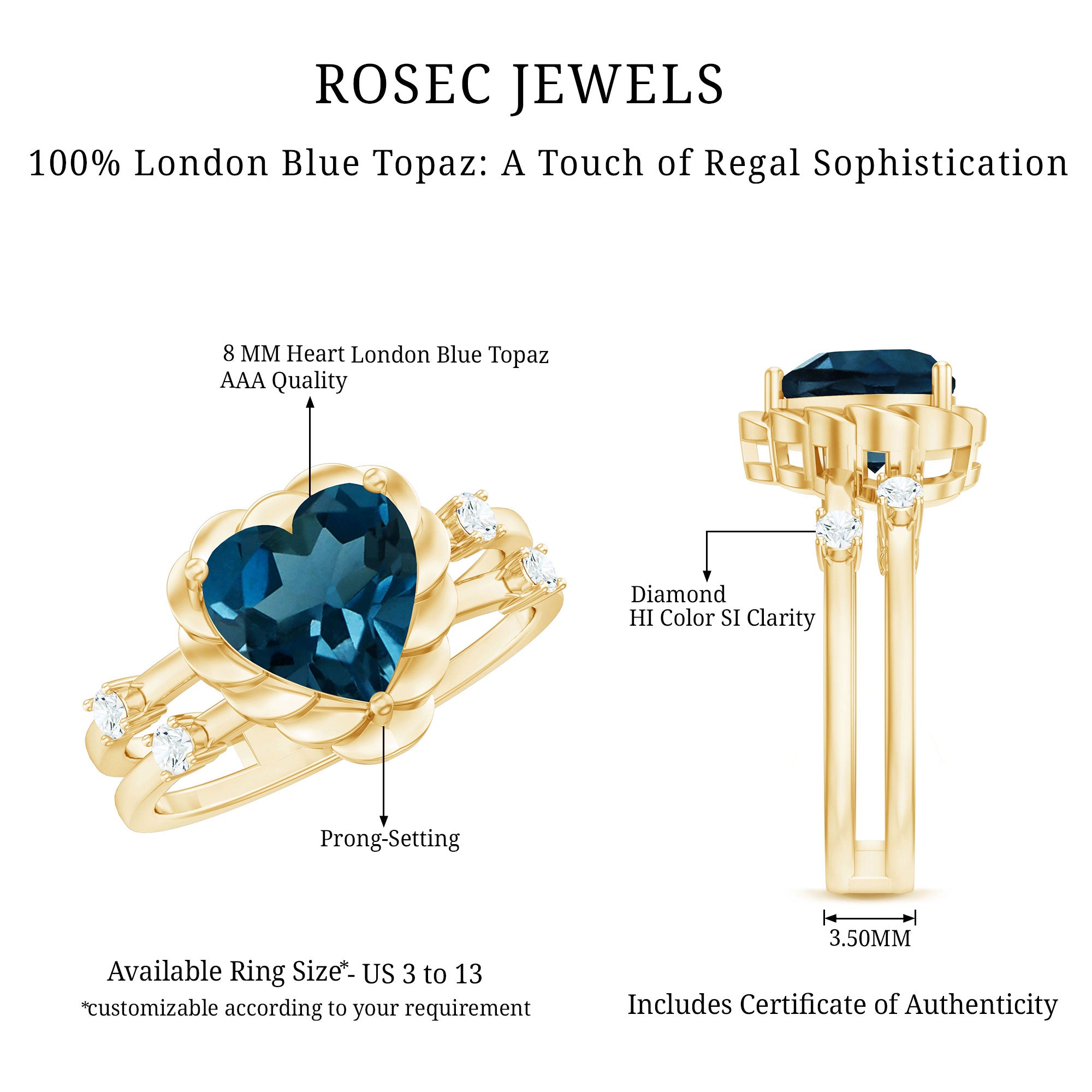 3/4 CT Heart Shape London Blue Topaz Double Band Ring with Diamond AAA - Rosec Jewels