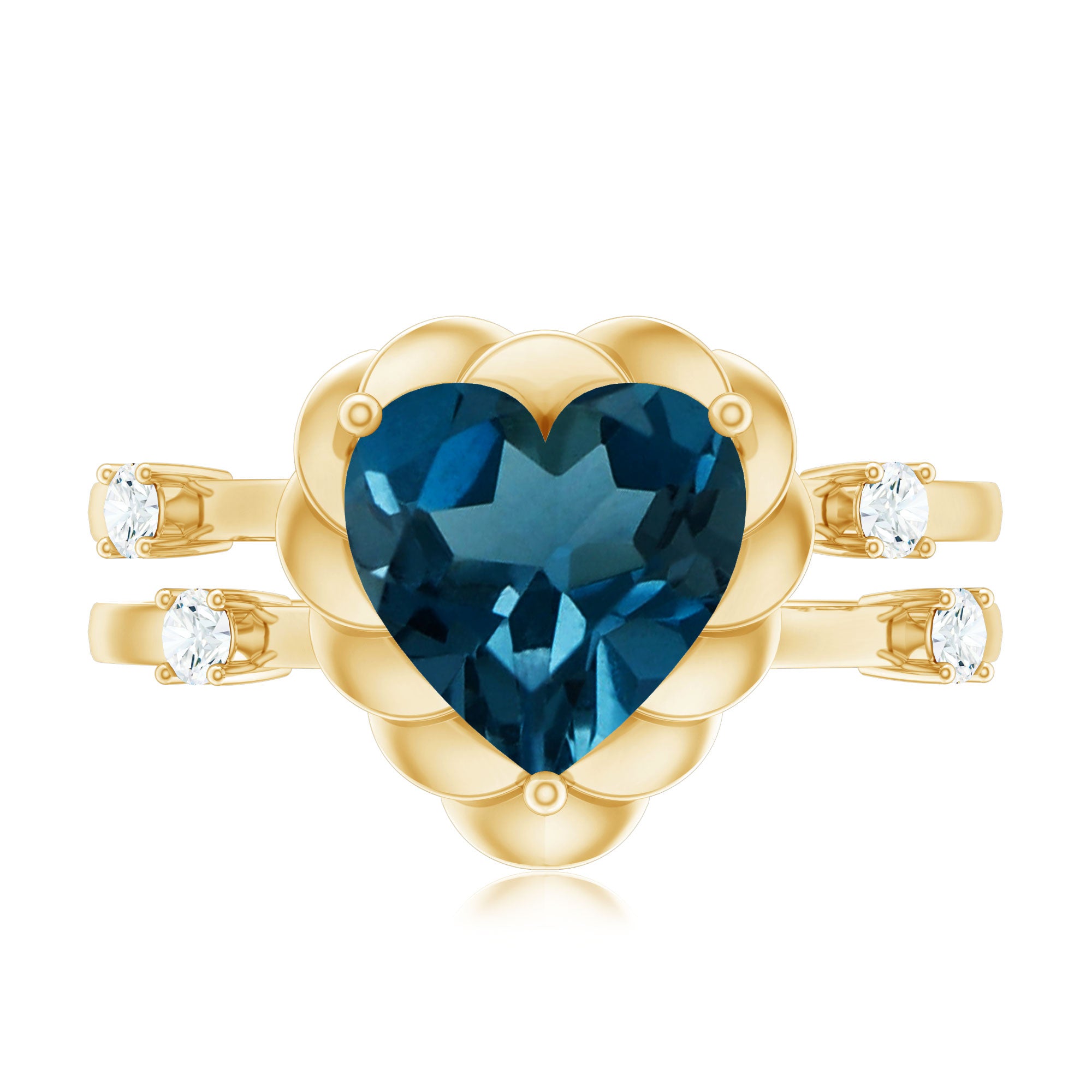 3/4 CT Heart Shape London Blue Topaz Double Band Ring with Diamond AAA - Rosec Jewels