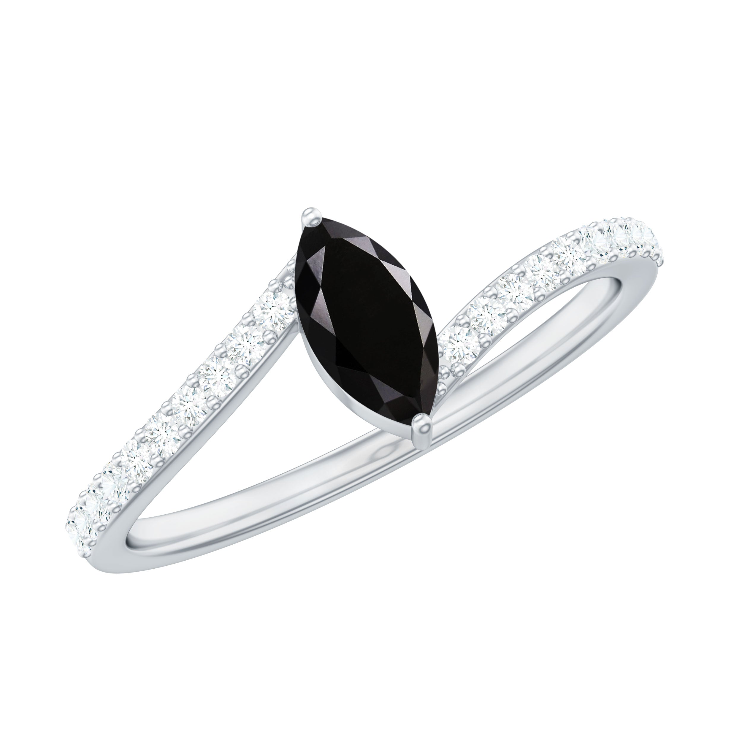 3/4 CT Marquise Cut Black Spinel and Diamond Bypass Ring