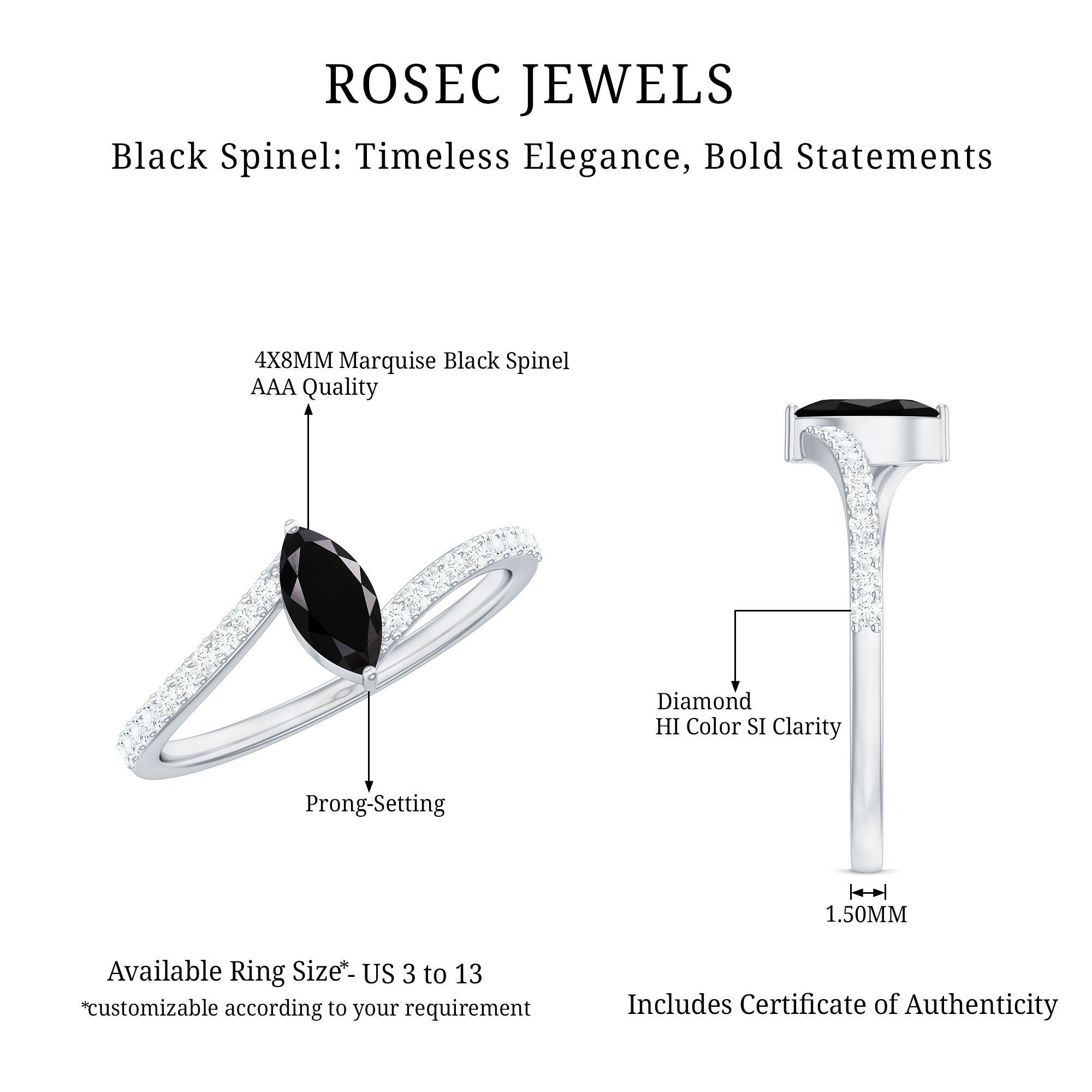 Real Marquise Black Spinel Promise Ring with Diamond Bypass Shank AAA - Rosec Jewels