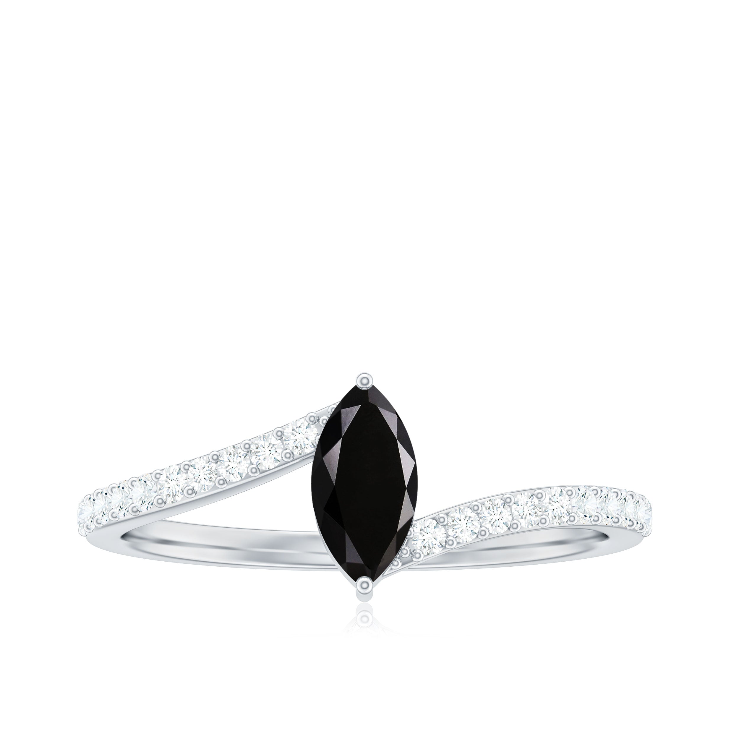 Real Marquise Black Spinel Promise Ring with Diamond Bypass Shank AAA - Rosec Jewels