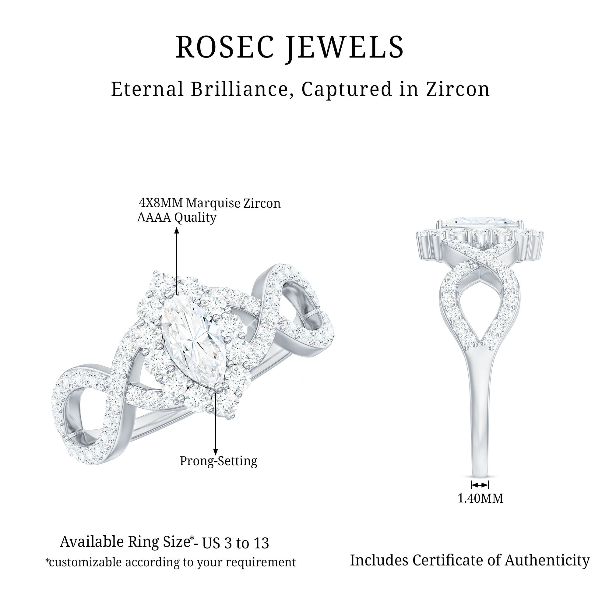 1.50 CT Marquise Cut Zircon Crossover Engagement Ring AAAA - Rosec Jewels