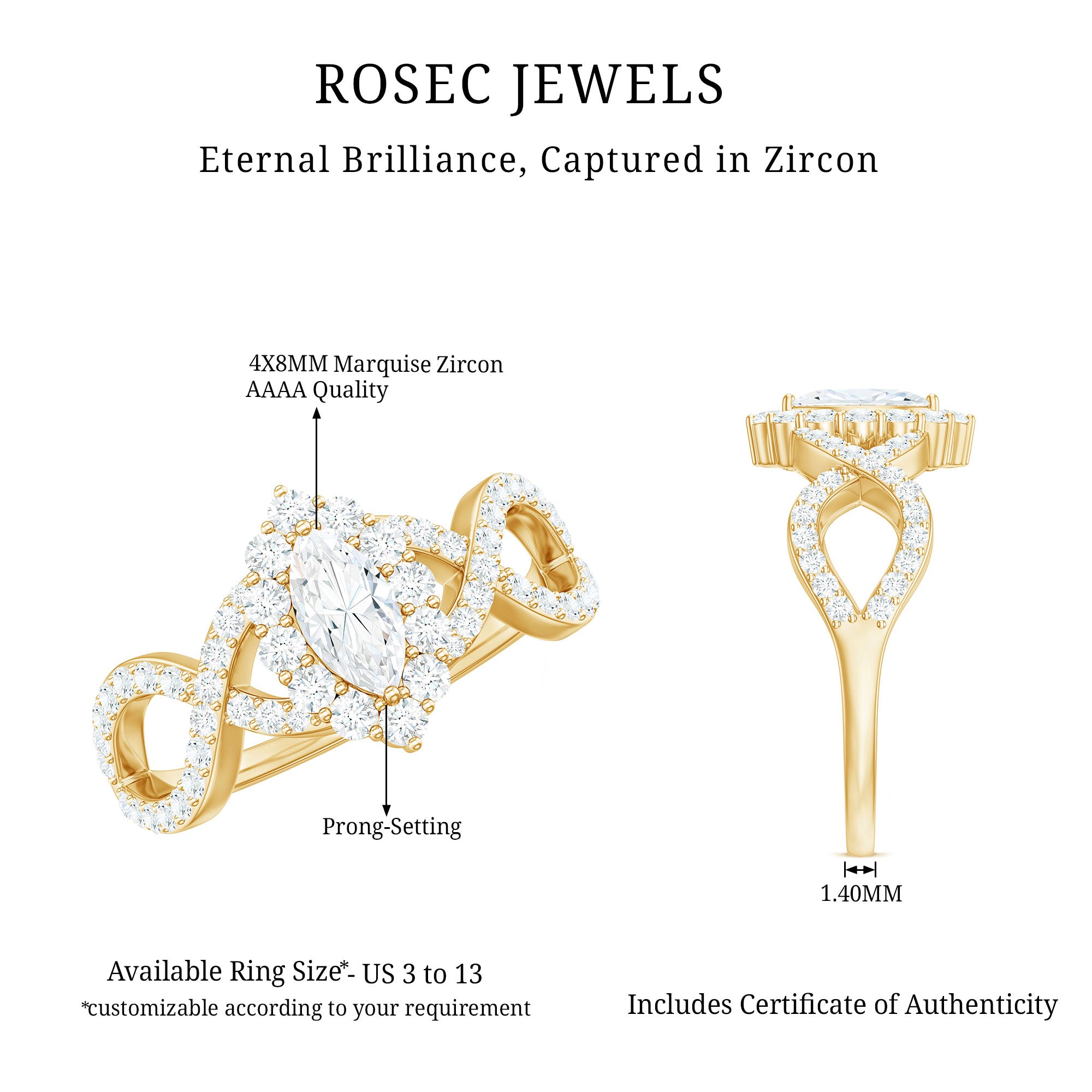 1.50 CT Marquise Cut Zircon Crossover Engagement Ring AAAA - Rosec Jewels