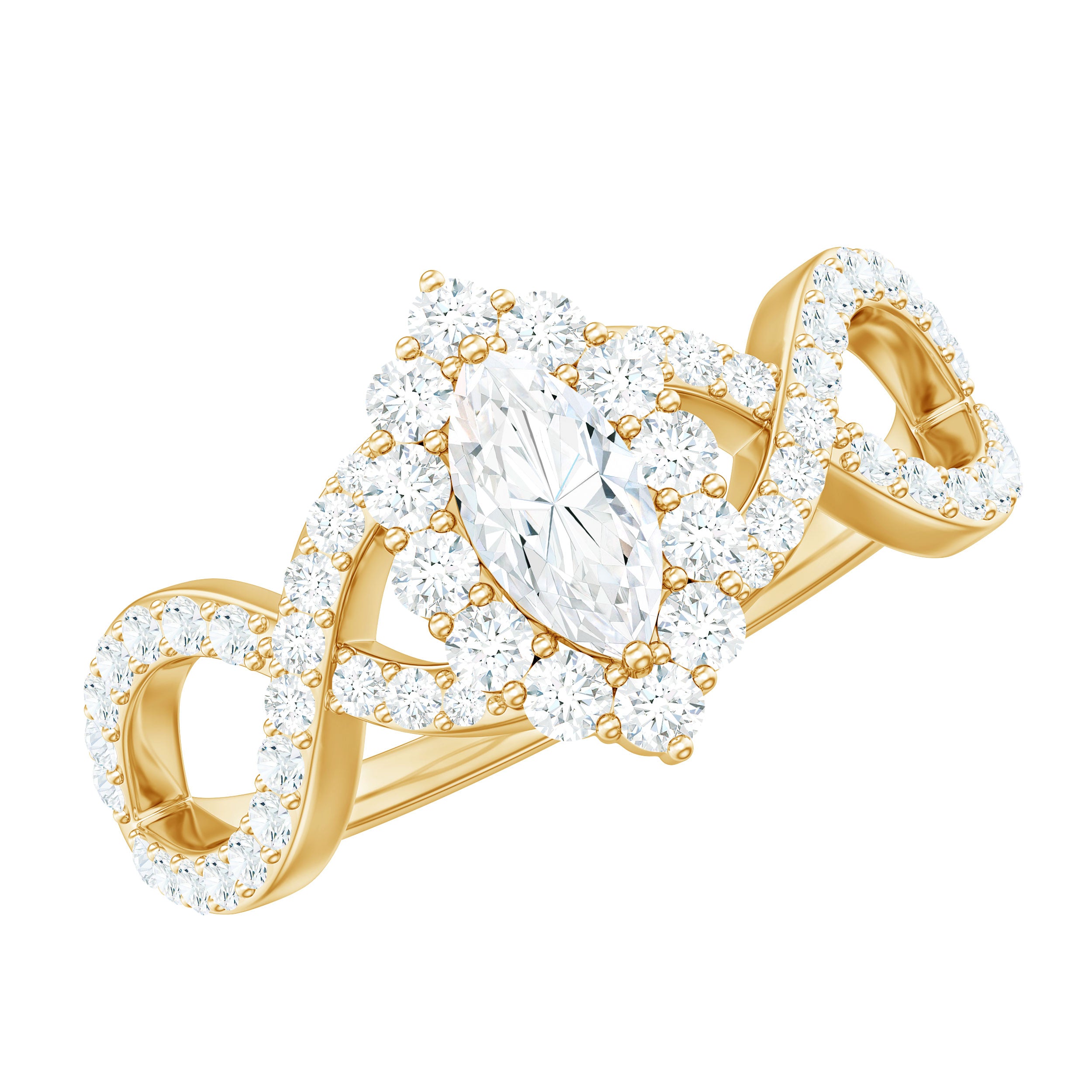 Marquise Moissanite Criss Cross Engagement Ring with Halo D-VS1 - Rosec Jewels