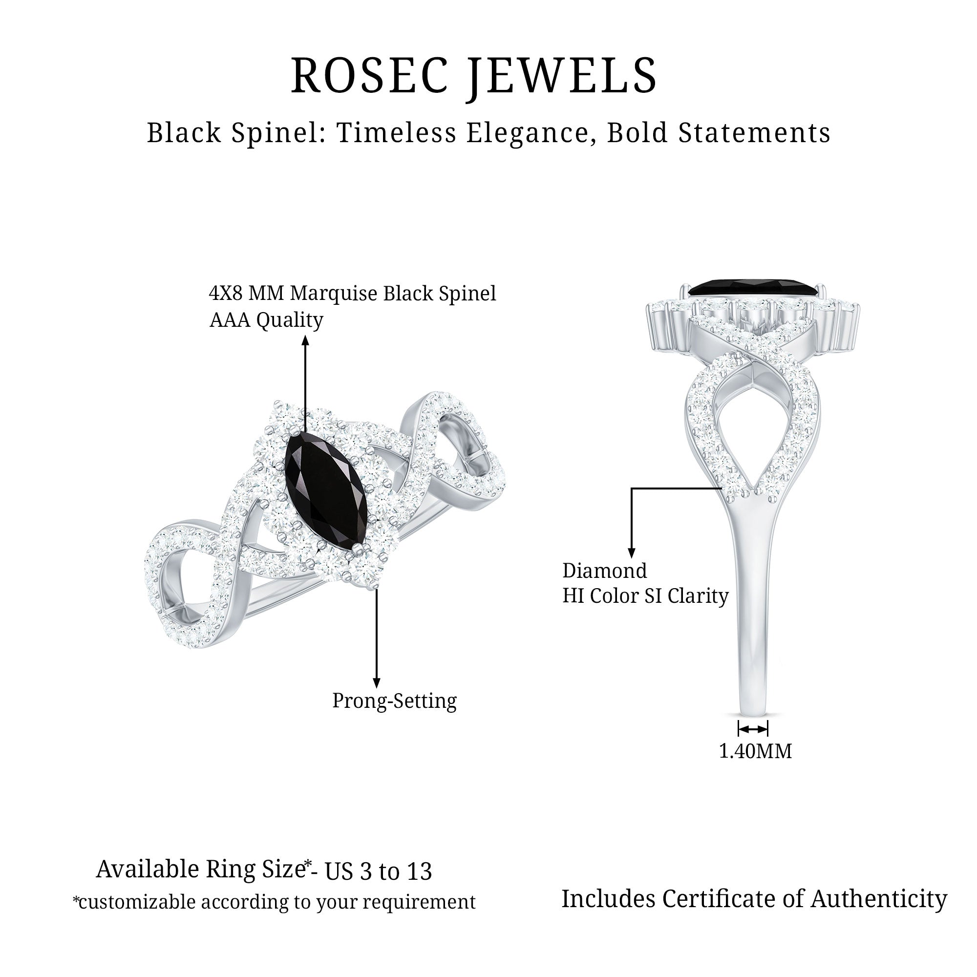 Natural Marquise Black Spinel Engagement Ring with Diamond Crossover Shank AAA - Rosec Jewels