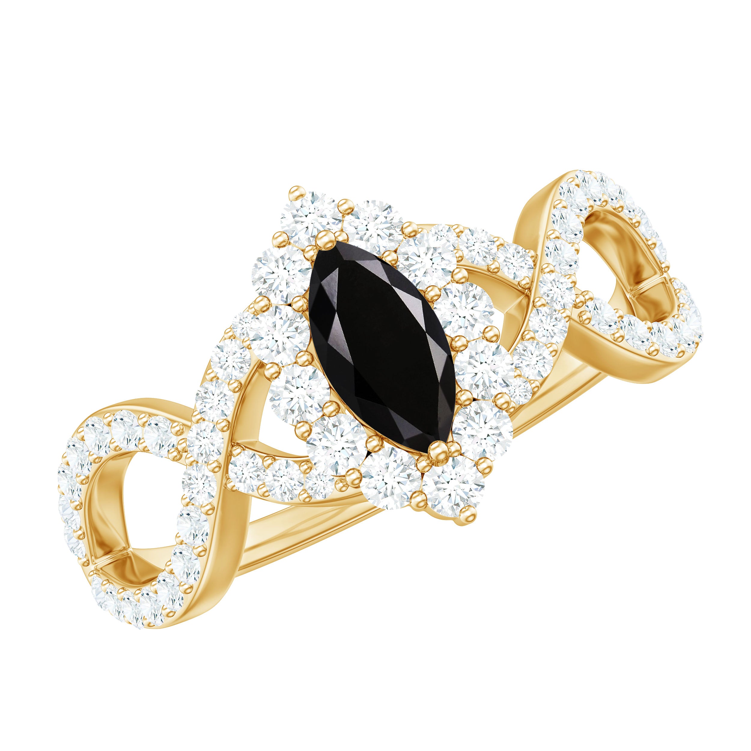 Natural Marquise Black Spinel Engagement Ring with Diamond Crossover Shank AAA - Rosec Jewels
