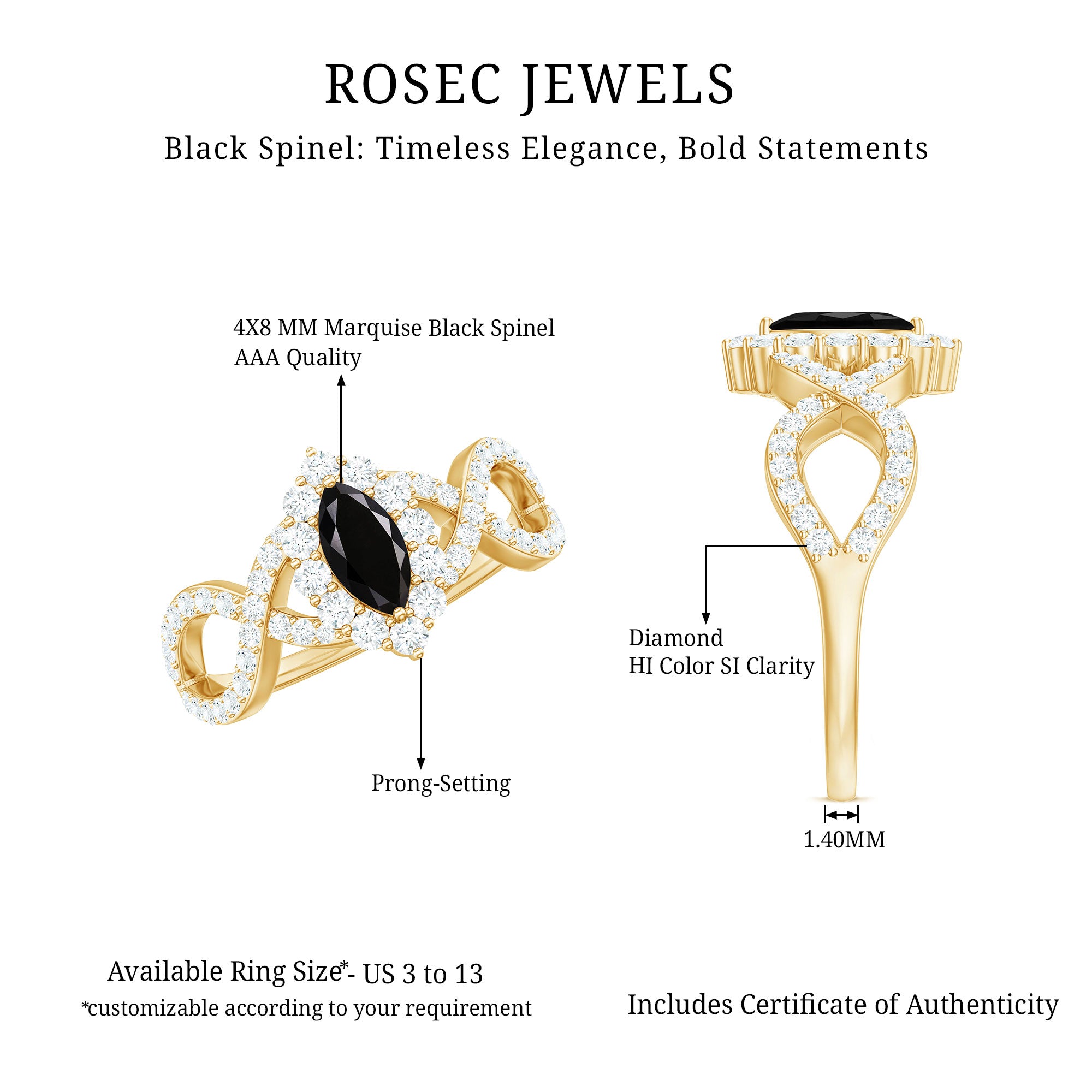 Natural Marquise Black Spinel Engagement Ring with Diamond Crossover Shank AAA - Rosec Jewels