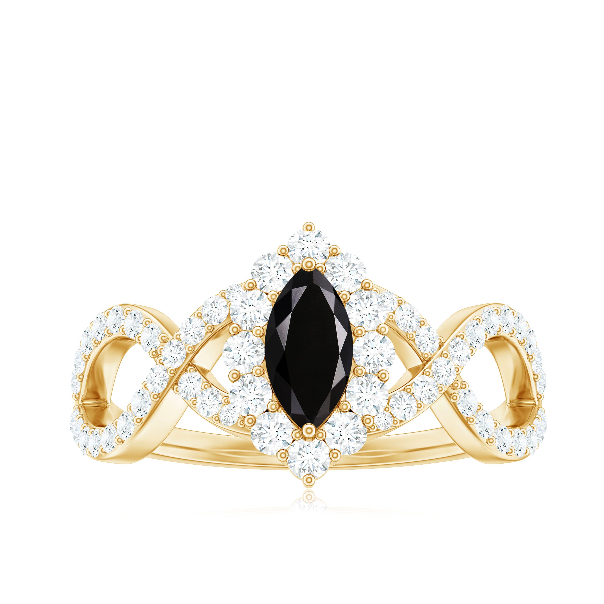 Natural Marquise Black Spinel Engagement Ring with Diamond Crossover Shank AAA - Rosec Jewels