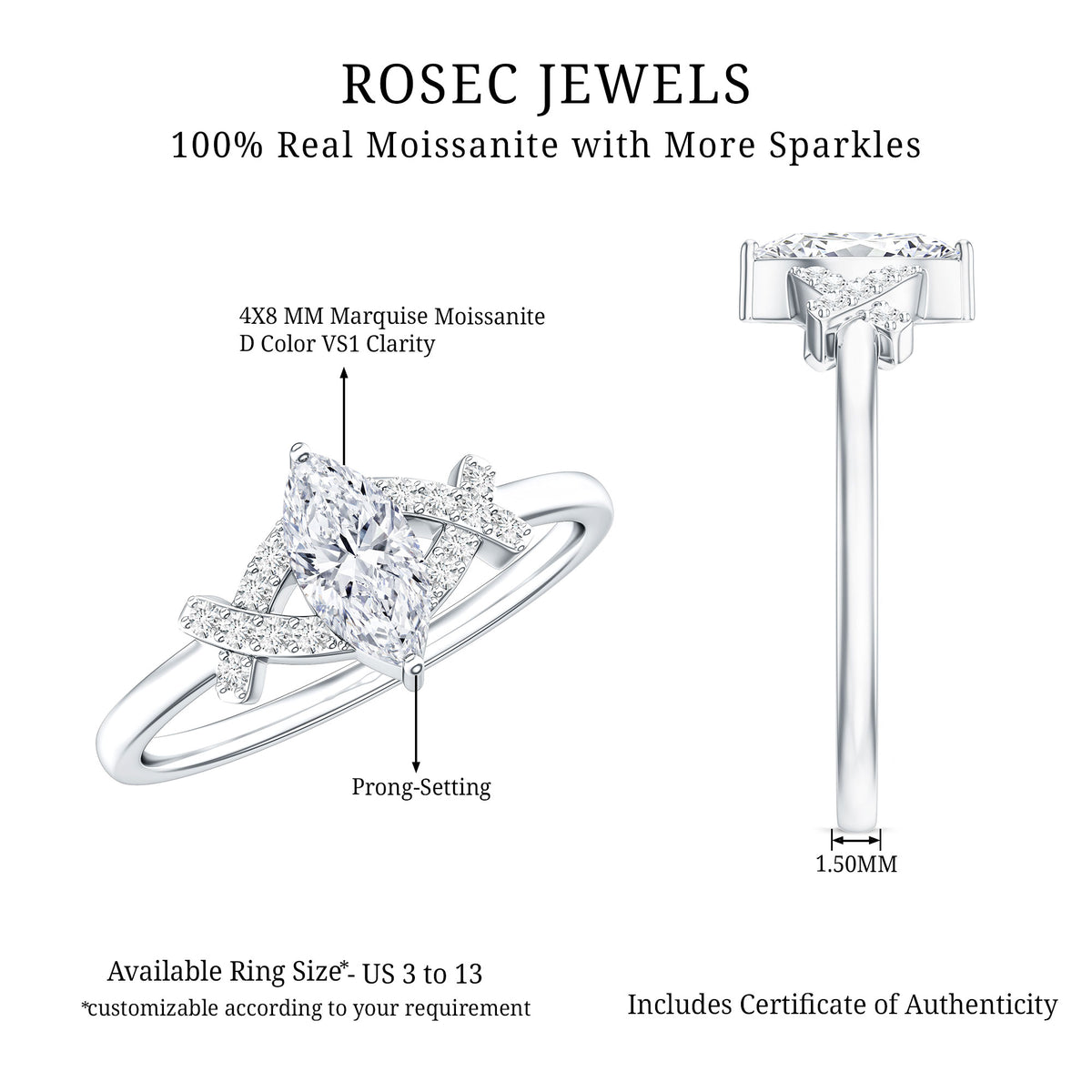 Certified Moissanite Marquise Engagement Ring for Women D-VS1 - Rosec Jewels