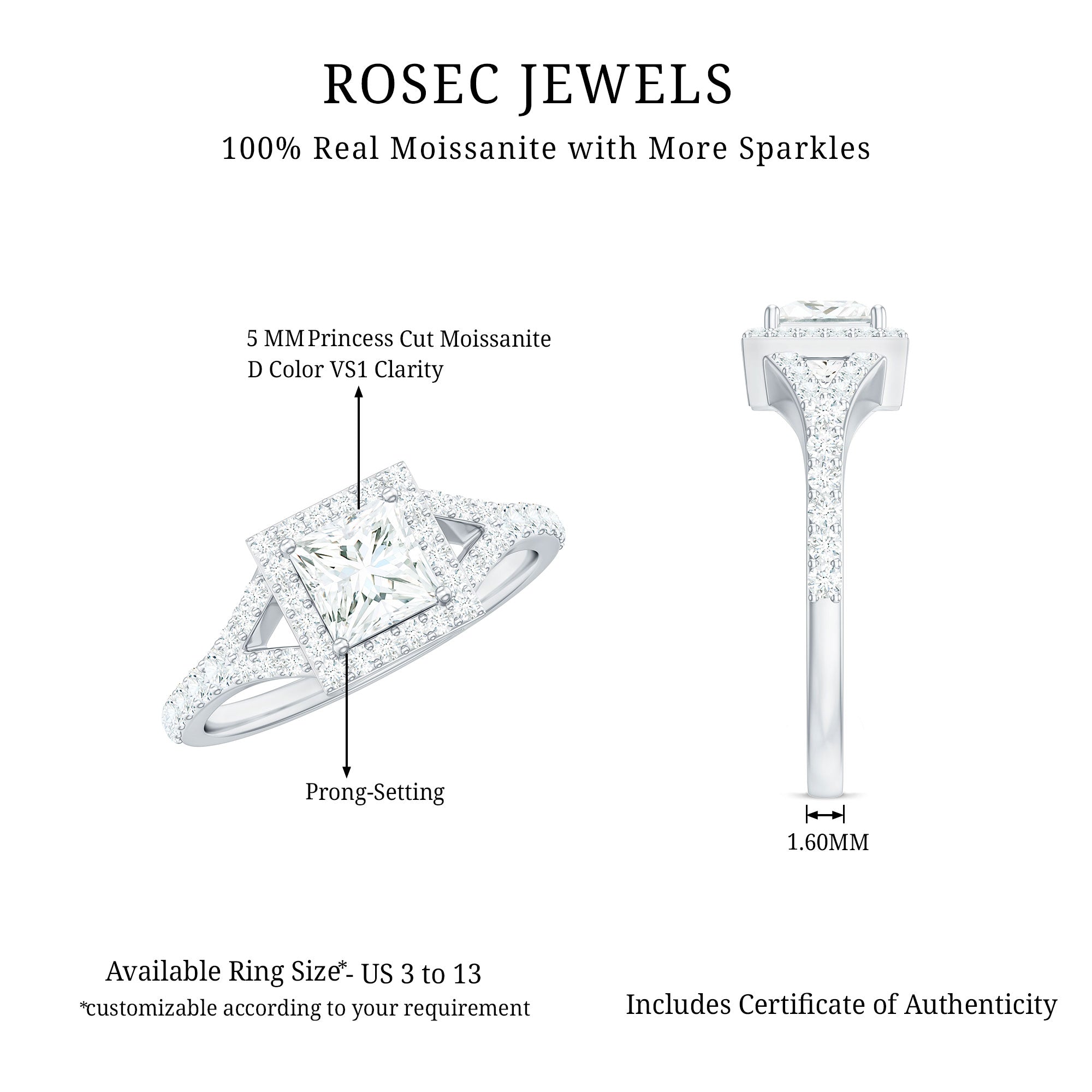 Princess Cut Moissanite Halo Engagement Ring with Split Band D-VS1 - Rosec Jewels