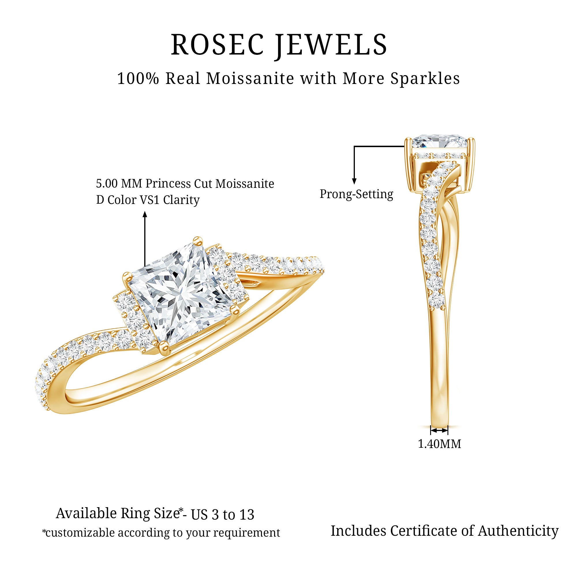 Rosec Jewels-Princess Cut Moissanite Bypass Engagement Ring for Women