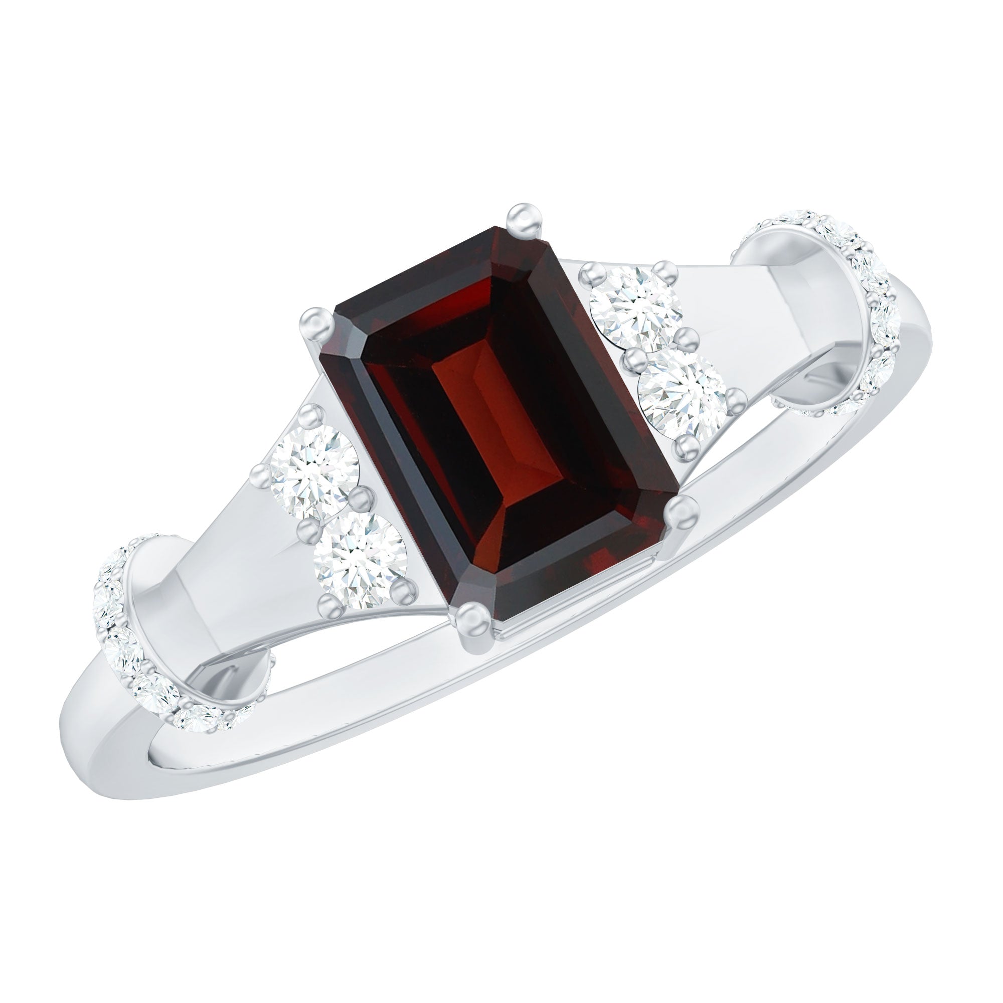 Emerald Cut Solitaire Garnet Designer Engagement Ring with Diamond