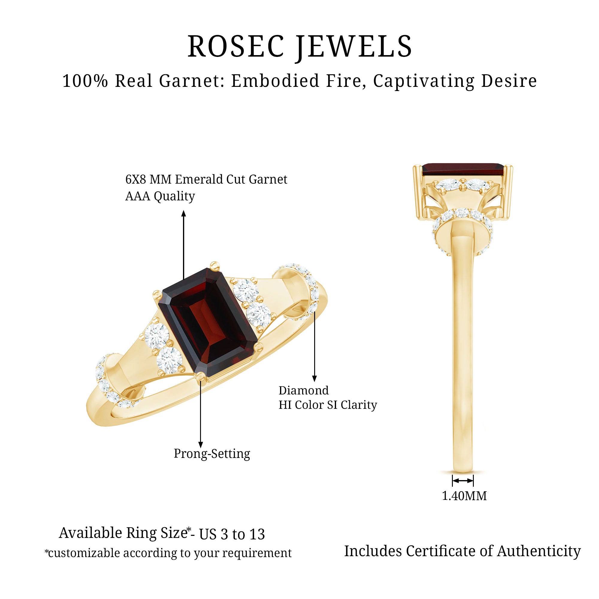 Real 6X8mm Garnet Designer Engagement Ring with Diamond AAA - Rosec Jewels