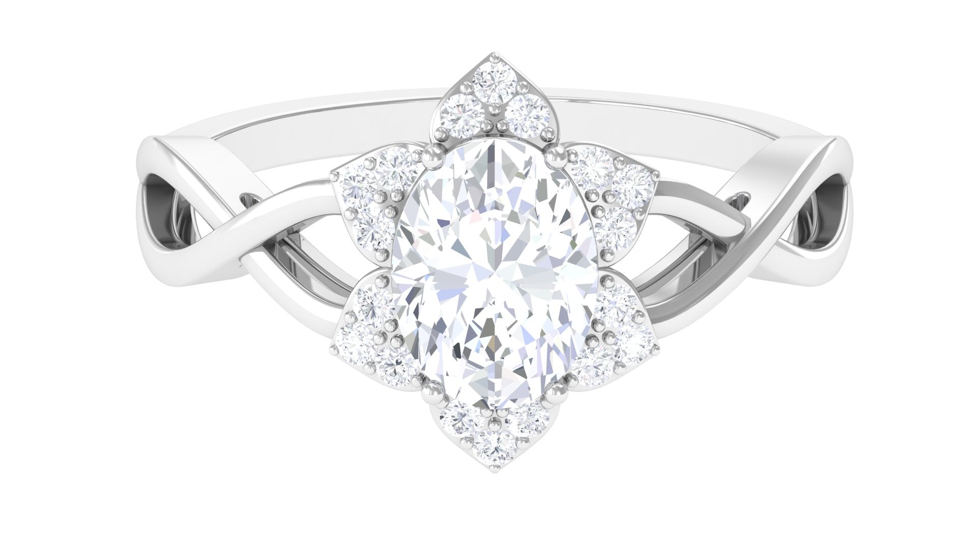 Oval Zircon Solitaire Infinity Ring with Floral Halo AAAA - Rosec Jewels