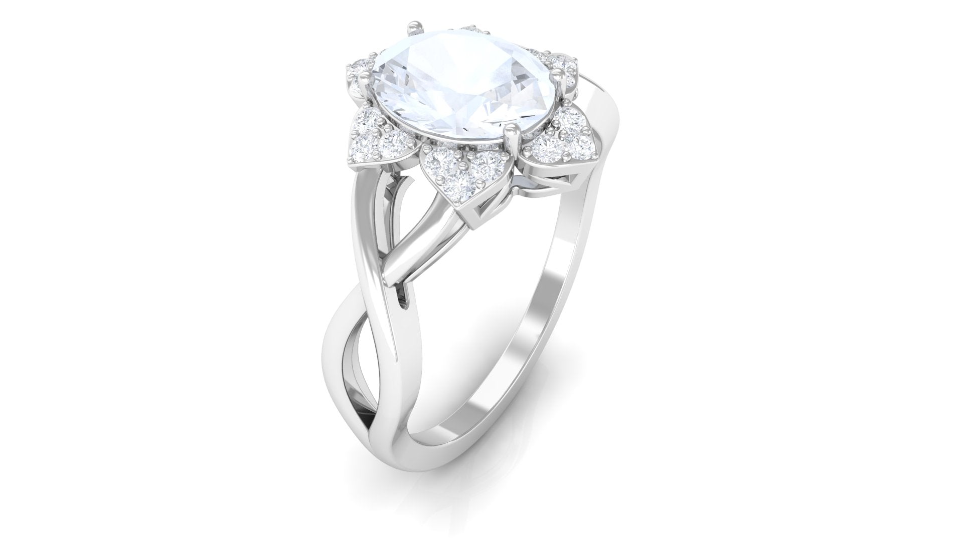 3/4 CT Oval Cut Solitaire Moonstone and Diamond Floral Halo Ring AAA - Rosec Jewels