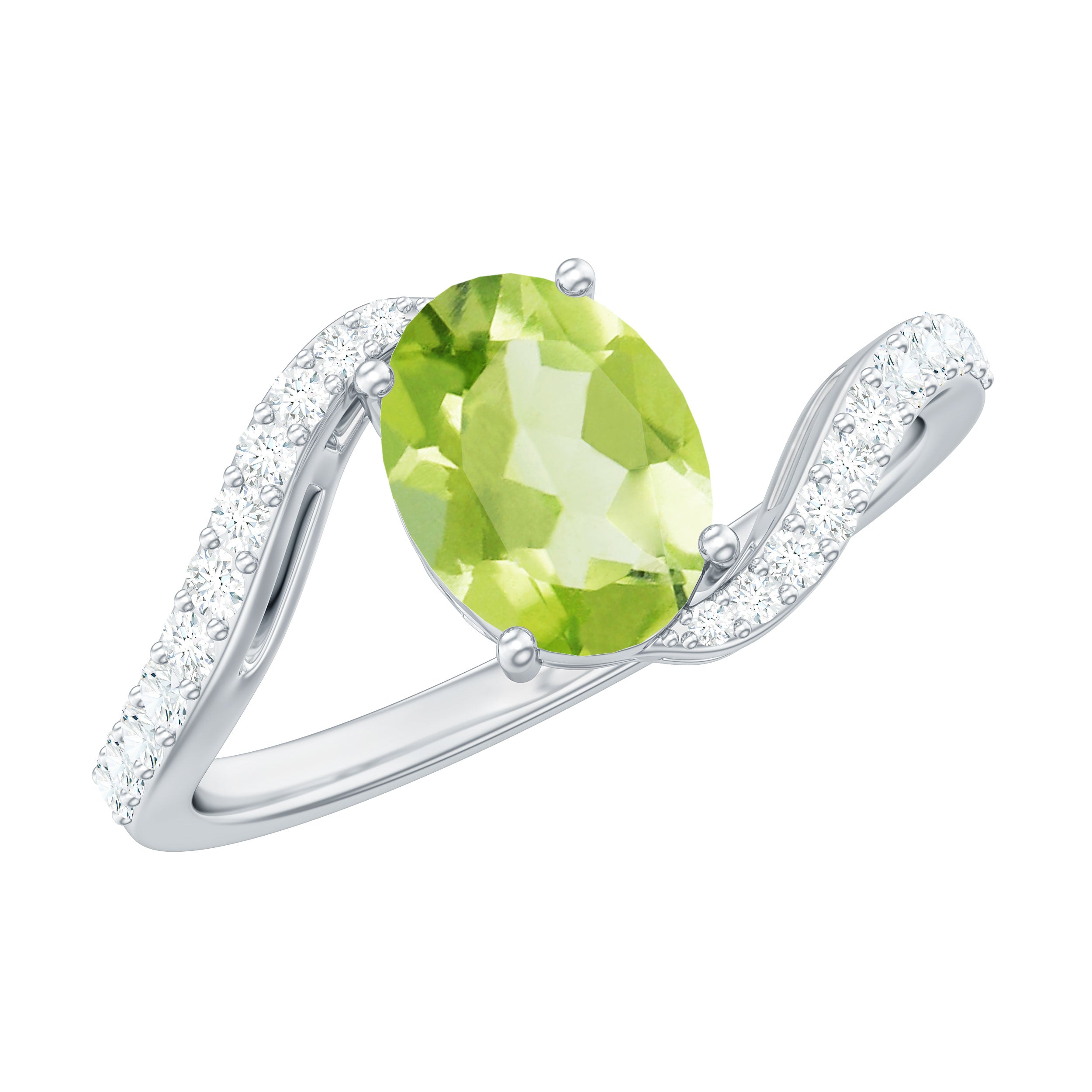 Natural 1 Carat Oval Peridot Engagement Ring with Diamond Bypass Shank AAA - Rosec Jewels