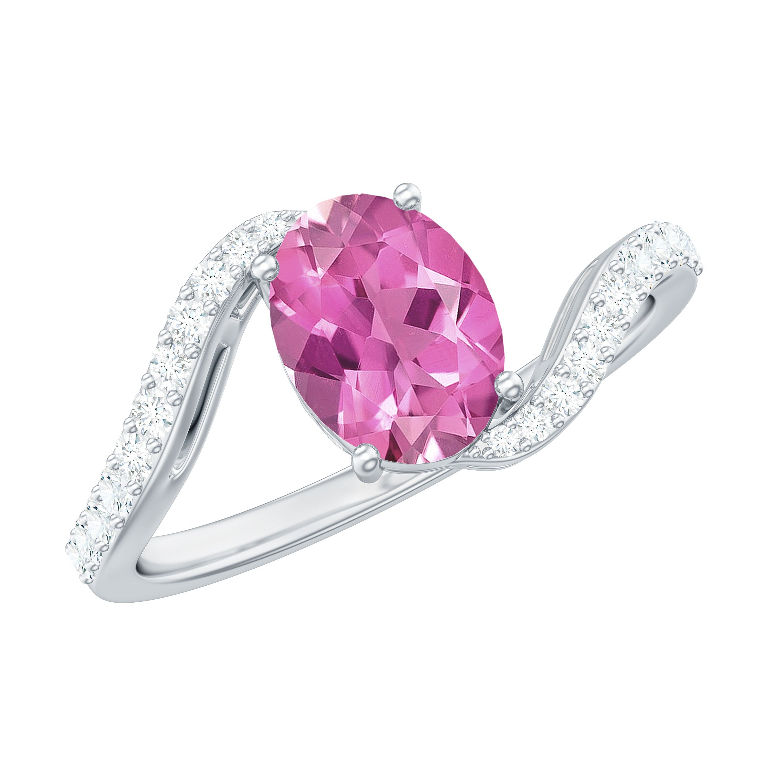 Natural Pink Tourmaline Solitaire Bypass Ring with Diamond AAA - Rosec Jewels