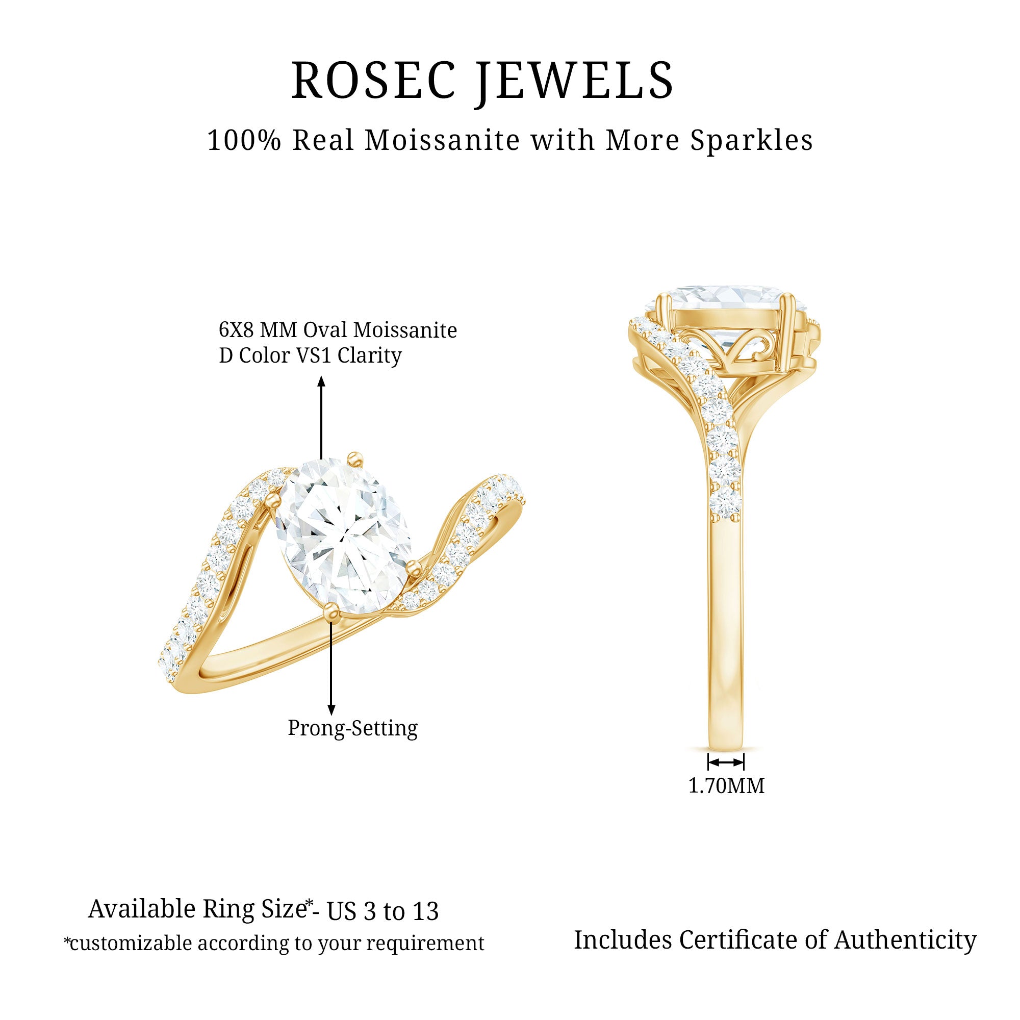 1 Carat Moissanite Oval Engagement Ring with Bypass Shank D-VS1 - Rosec Jewels