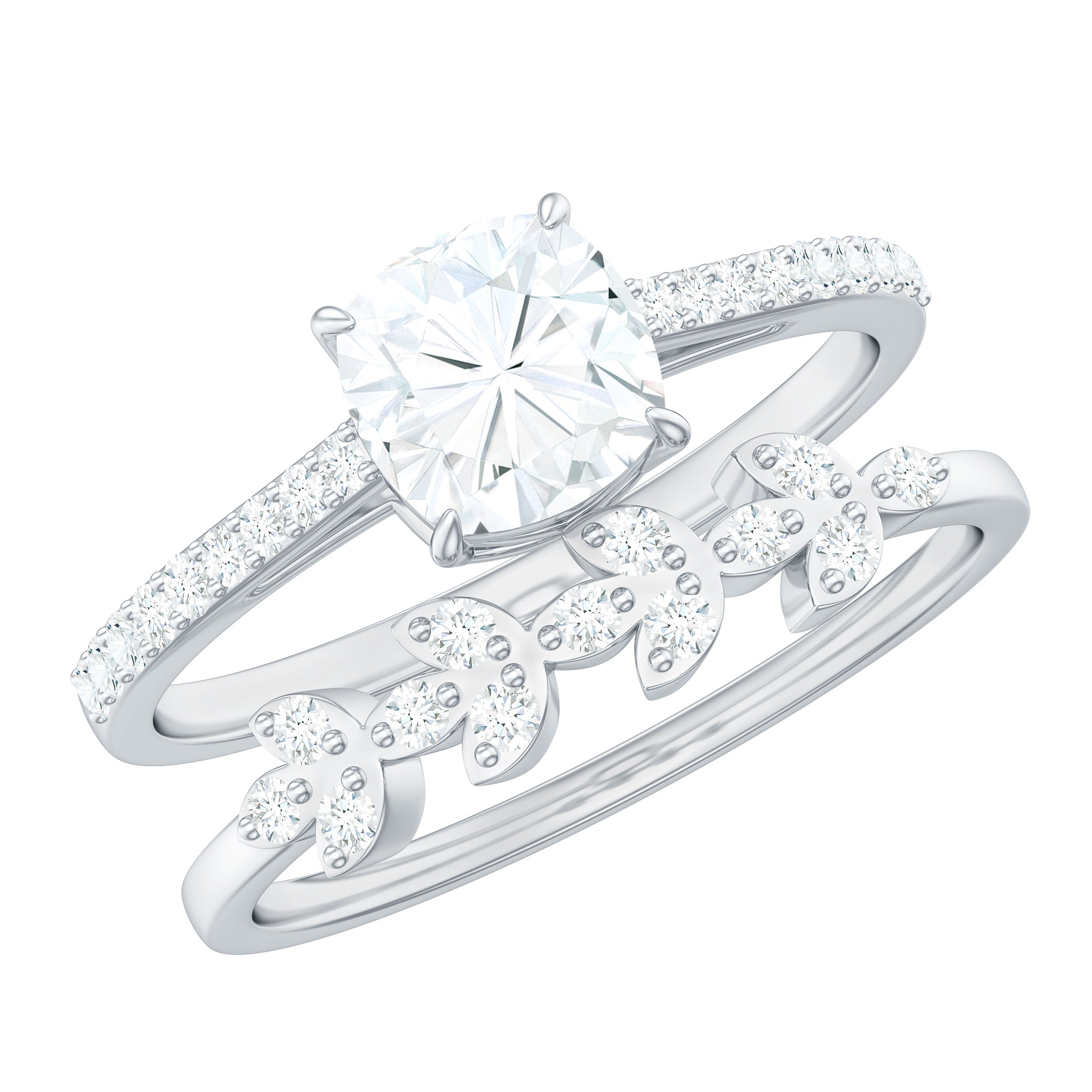 Claw Set Cushion Cut Moissanite Engagement Ring with Leaf Wedding Band D-VS1 - Rosec Jewels