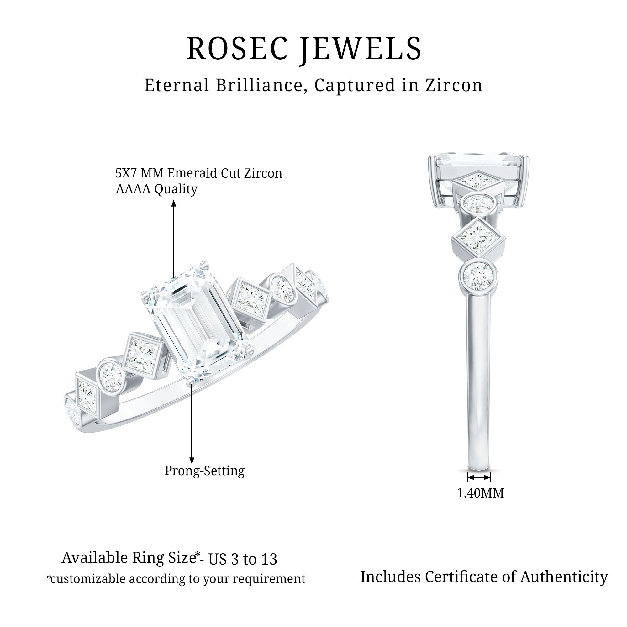 2 CT Octagon Cut Zircon Engagement Ring with Side Stones AAAA - Rosec Jewels