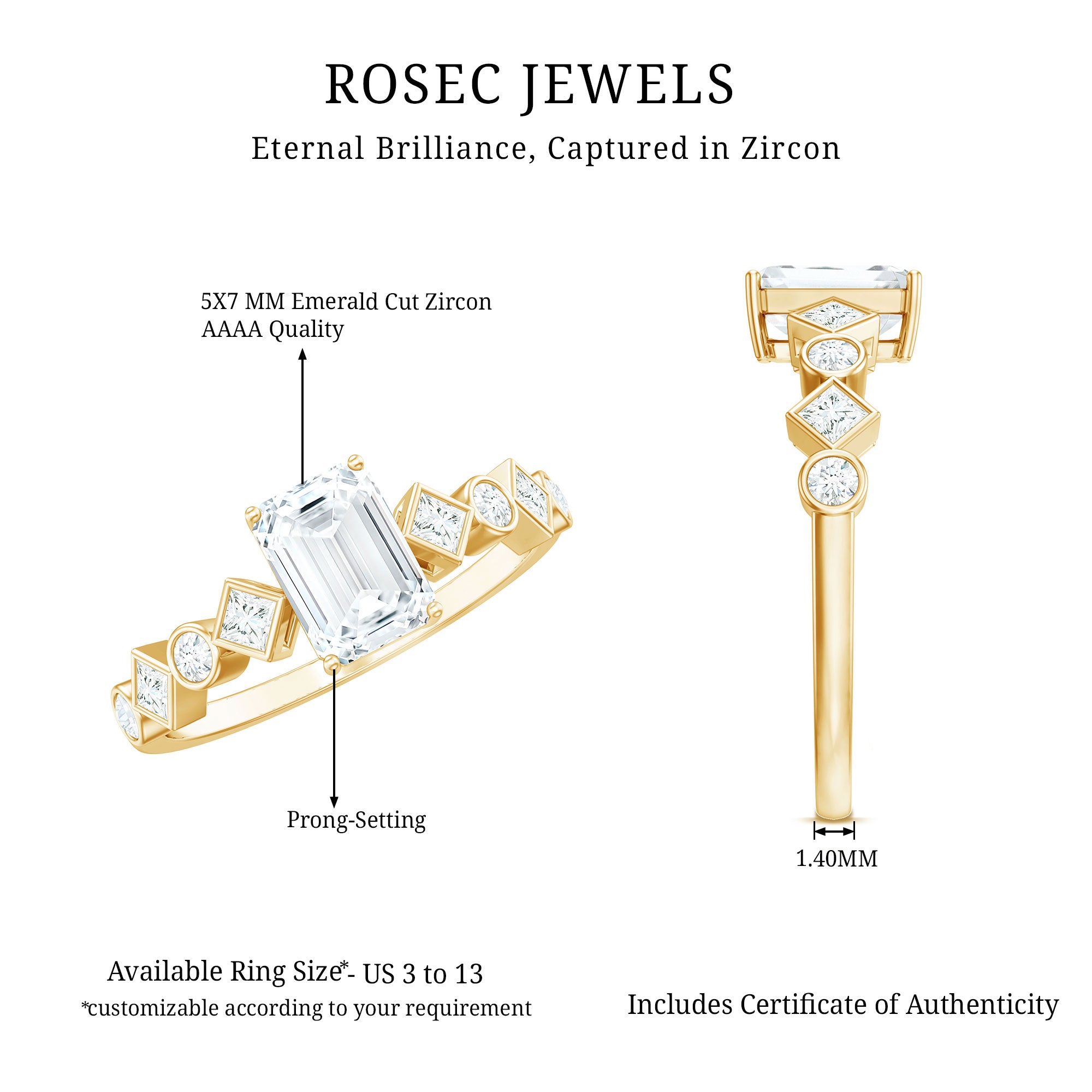 2 CT Octagon Cut Zircon Engagement Ring with Side Stones AAAA - Rosec Jewels