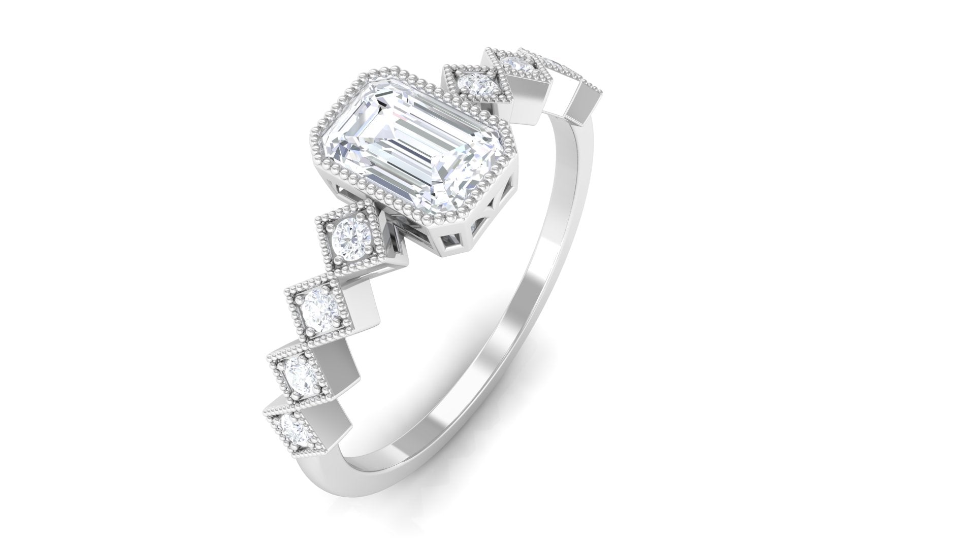 1 CT Octagon Cut Zircon Engagement Ring with Side Stones AAAA - Rosec Jewels