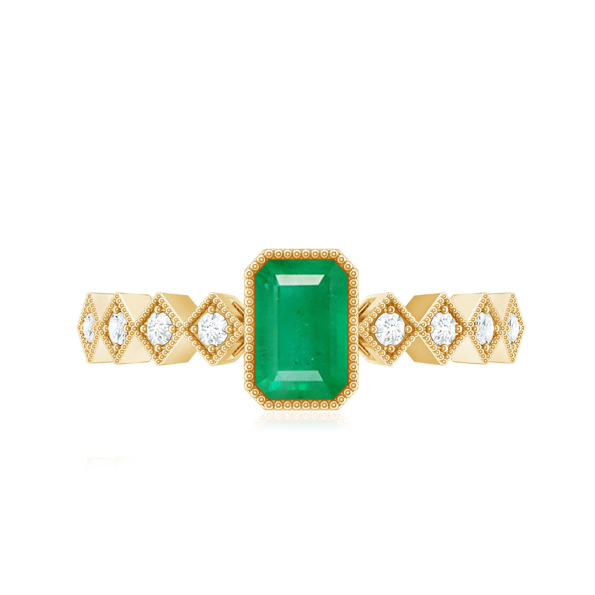 Vintage Looking Emerald Cut Emerald Engagement Ring with Diamond AAA - Rosec Jewels
