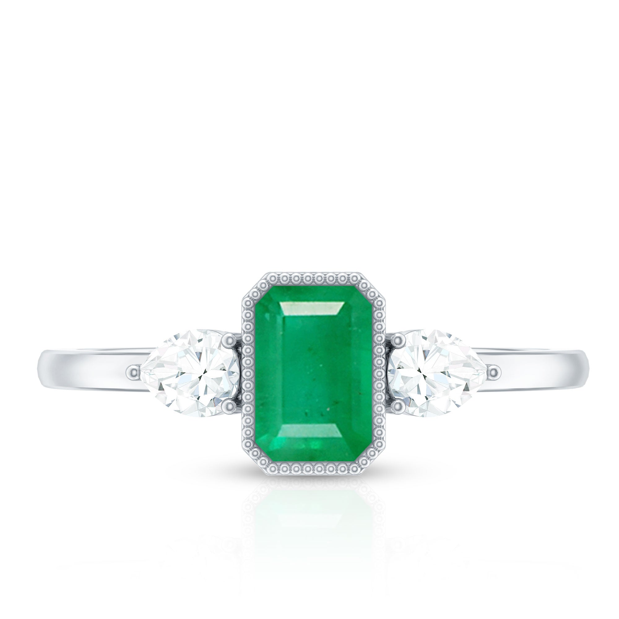 Emerald 3 Stone Ring with Diamond AAA - Rosec Jewels