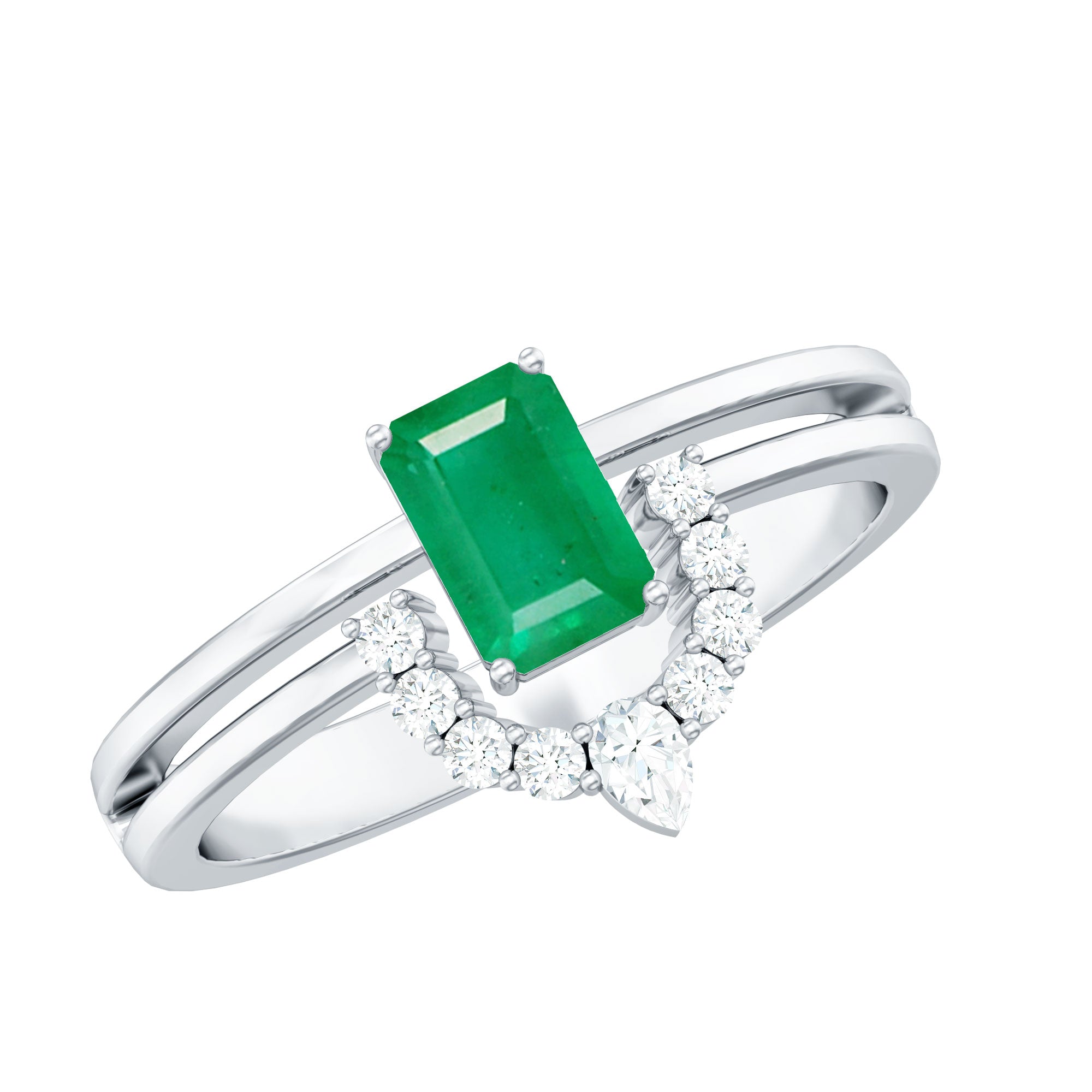 Natural Emerald Cut Emerald Double Band Engagement Ring with Diamond AAA - Rosec Jewels